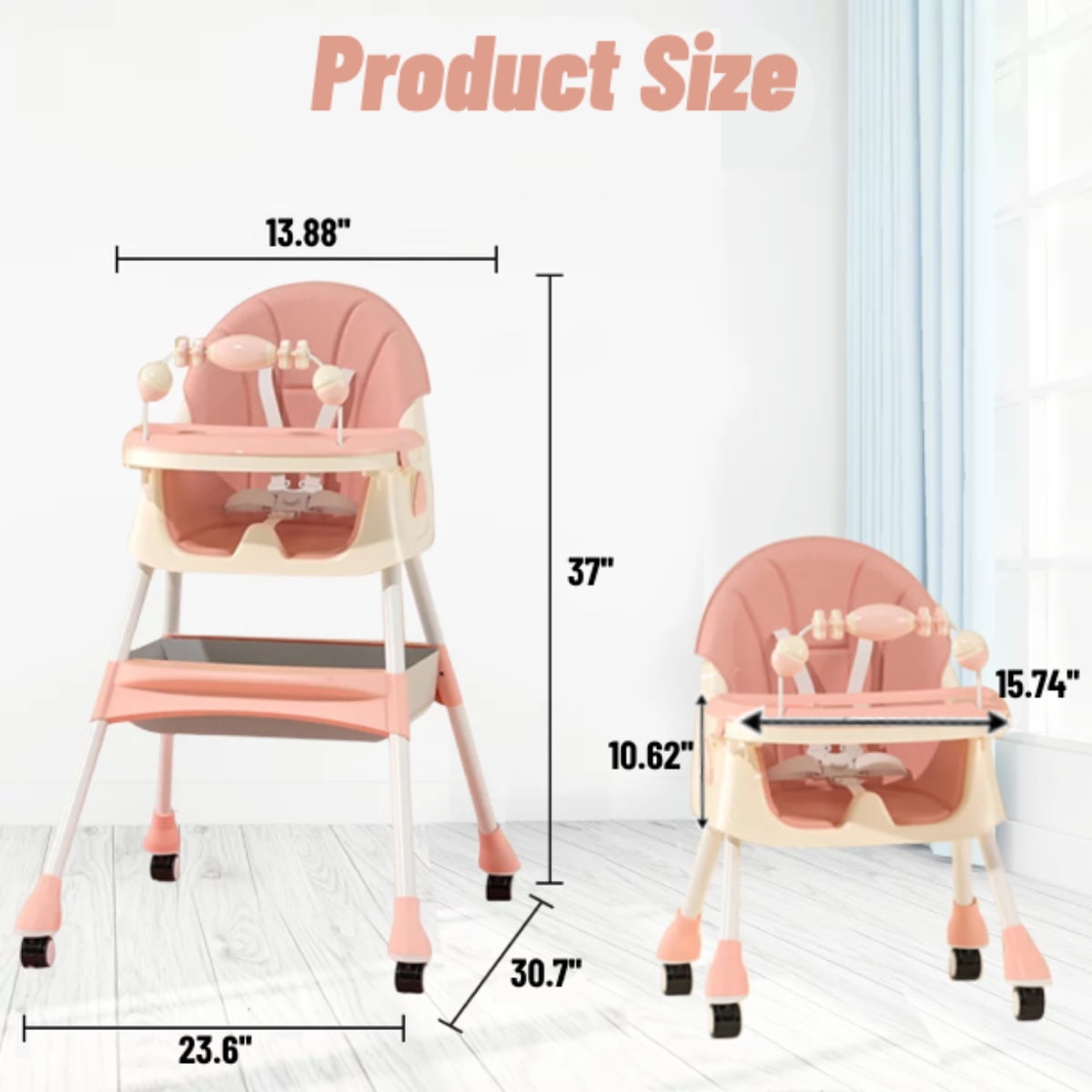 FACNOATIHN Baby High Chair, 4-in-1 Foldable Highchair Dining Feeding Chair with Five-Point Harness Double Dining Plate & Toy Rack, Infant to Toddler, Pink - Image 7