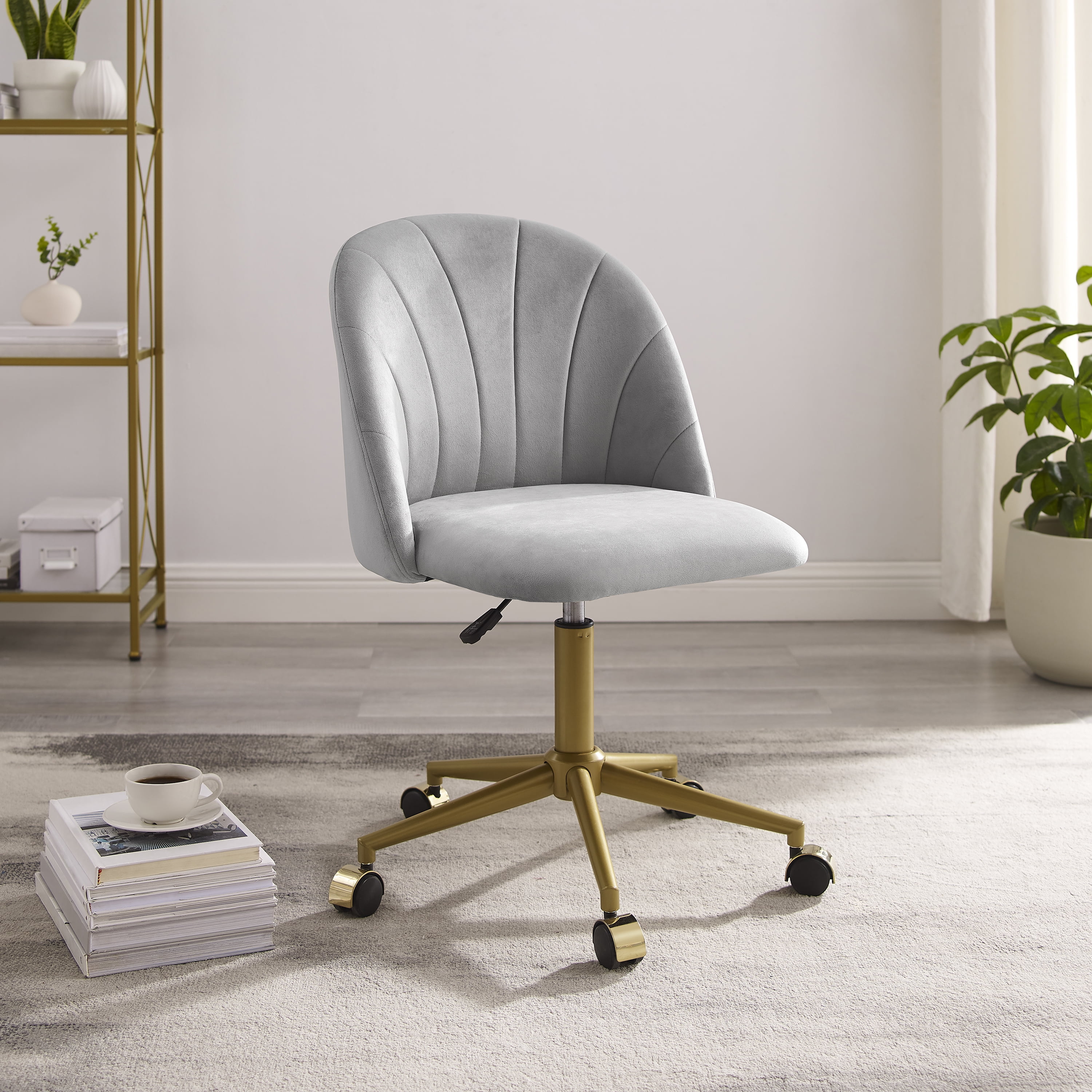Linon Alondra Mid Back Velvet Office Chair with Adjustable Height and Swivel, Gold/Gray - Image 11