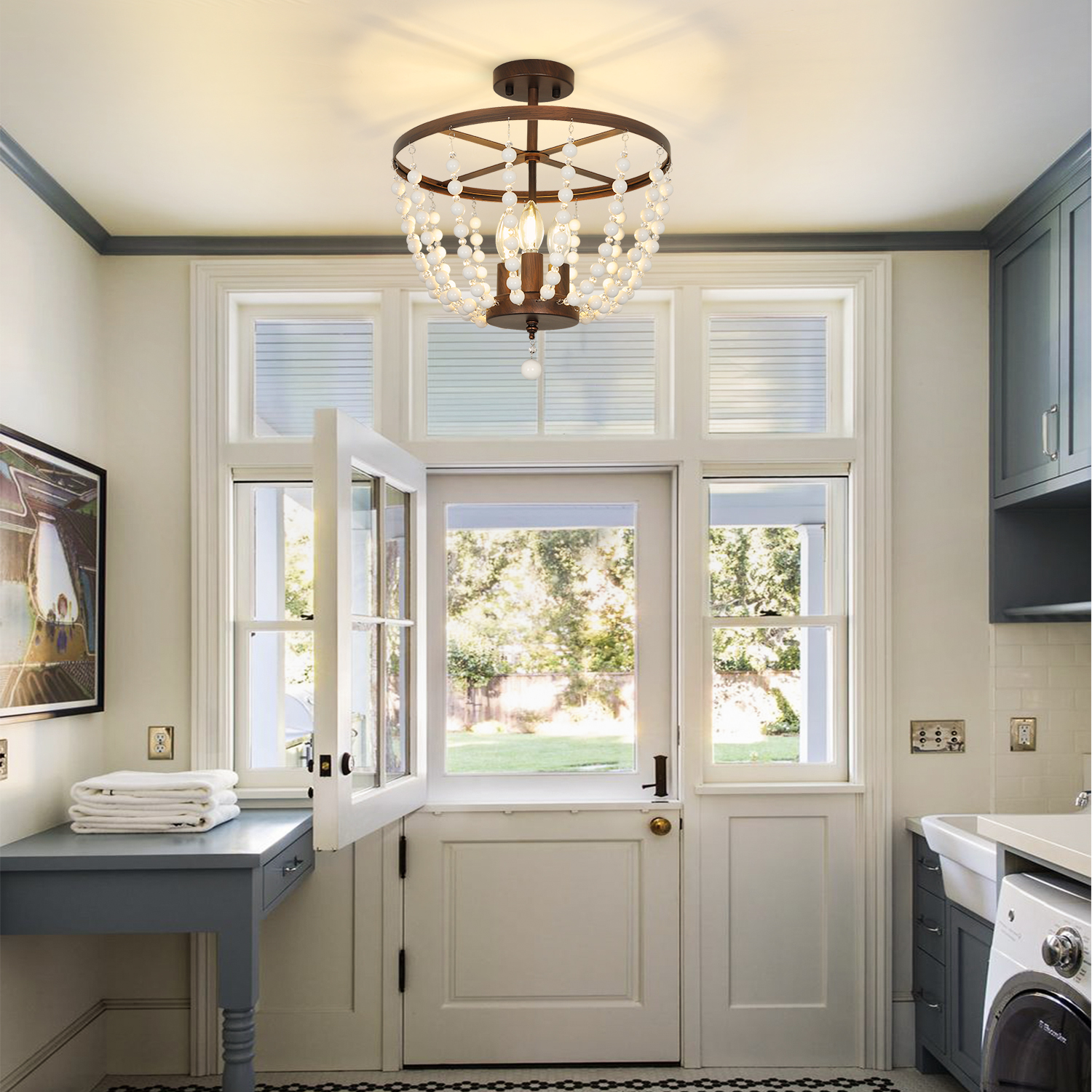 Depuley 3 Light Boho Chandlier Beaded Pendant Light Bohemian Chandelier Rustic Semi Flush Mount Ceiling Light for Kitchen Living Room Bedroom Dining, E26 Socket - Image 7