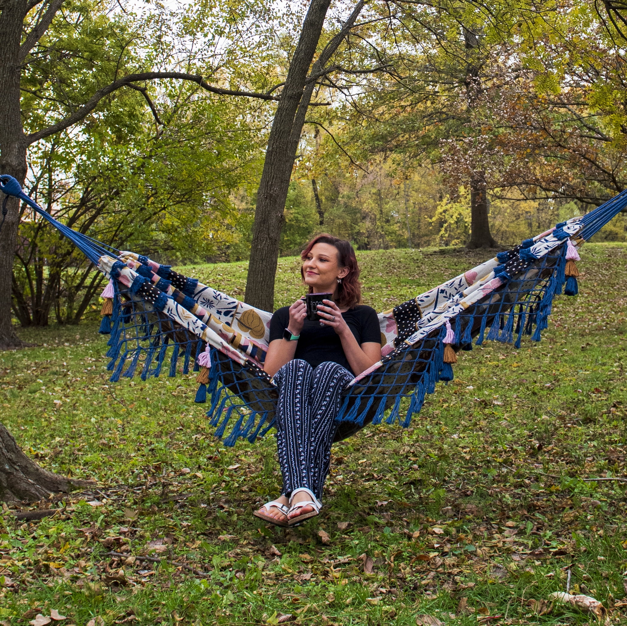 Equip Jacquard Bohemian Macrame Hammock, Blue Patchwork Print, Size 126 in. L x 59 in. W - Image 6
