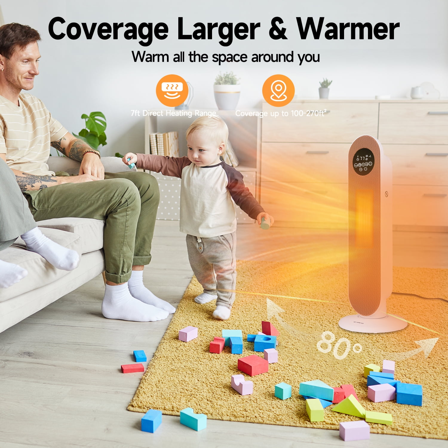 WYRAVIO 1500W Space Heaters for Indoor Use,80° Oscillating Portable Electric Heaters with Thermostat, Remote, 3 Modes,Fast Safety Heat,12H Timer, Overheat Protection, Heater for Bedroom Home Office - Image 7