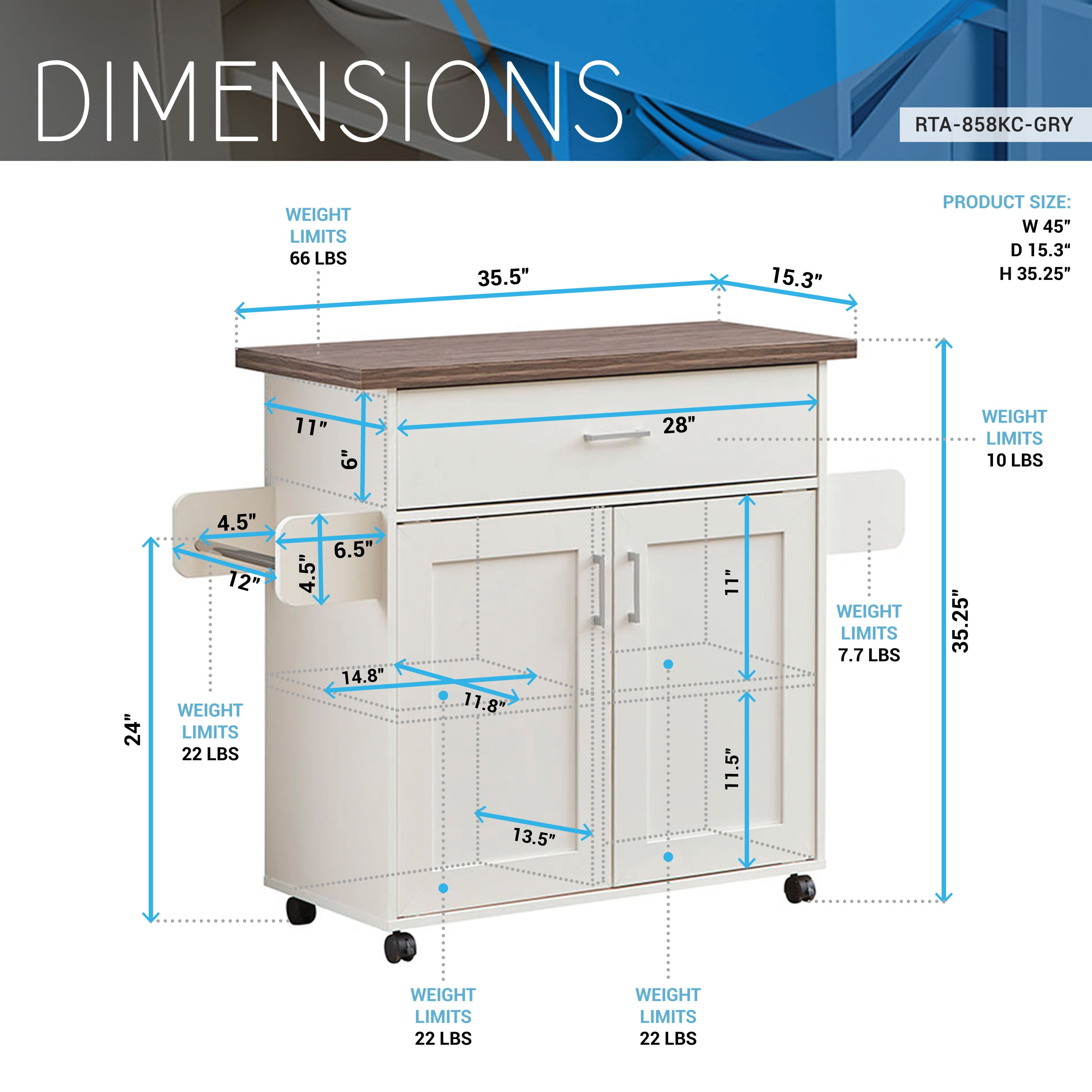 Techni Home Deluxe Mobile Kitchen Cart with Water-resistant Top and Adjustable Storage Cabinets RTA-858KC-GRY - Image 6