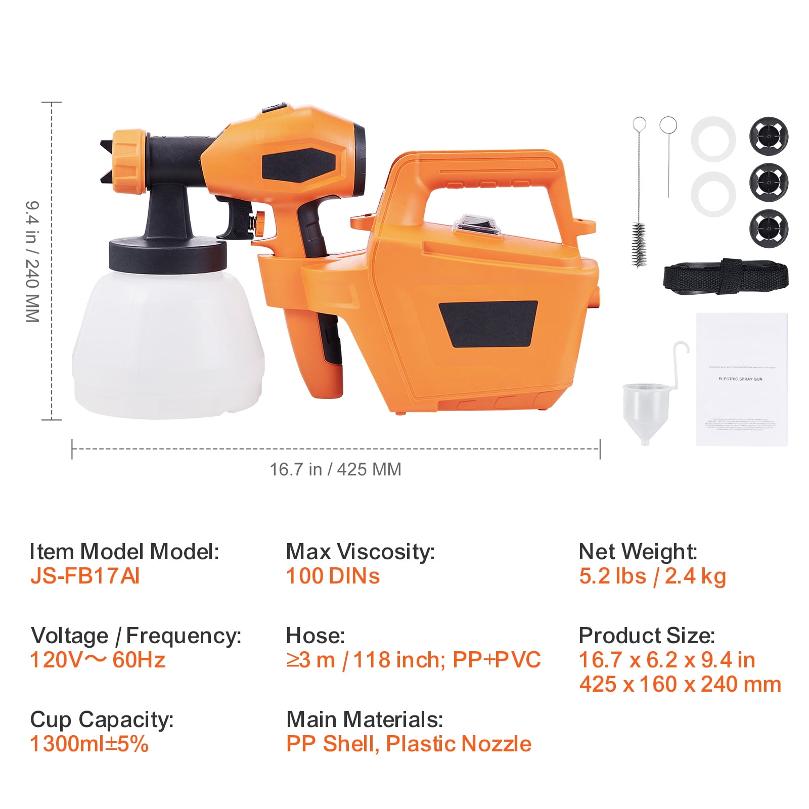 KFFKFF Paint Sprayer, 500W HVLP Electric Spray Paint Gun with 10FT Air Hose, 1300ML, 4 Nozzles, 3 Patterns, Paint Sprayer for House Painting Home Interior & Exterior Walls, Ceiling, Fence - Image 6