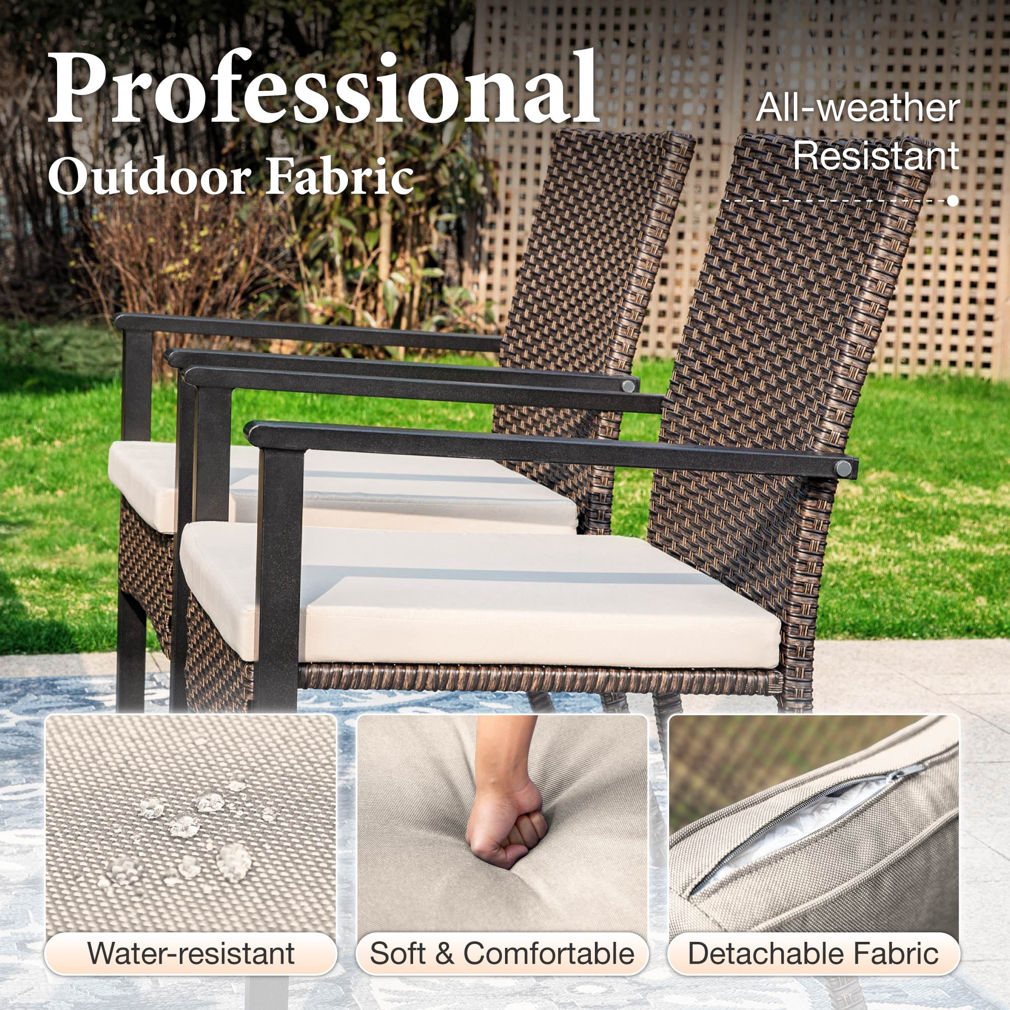 MF Studio 5-Piece Outdoor Patio Wicker Dining Set with Cushioned Chairs & 37" Square Wood-Grain Table, Brown - Image 9