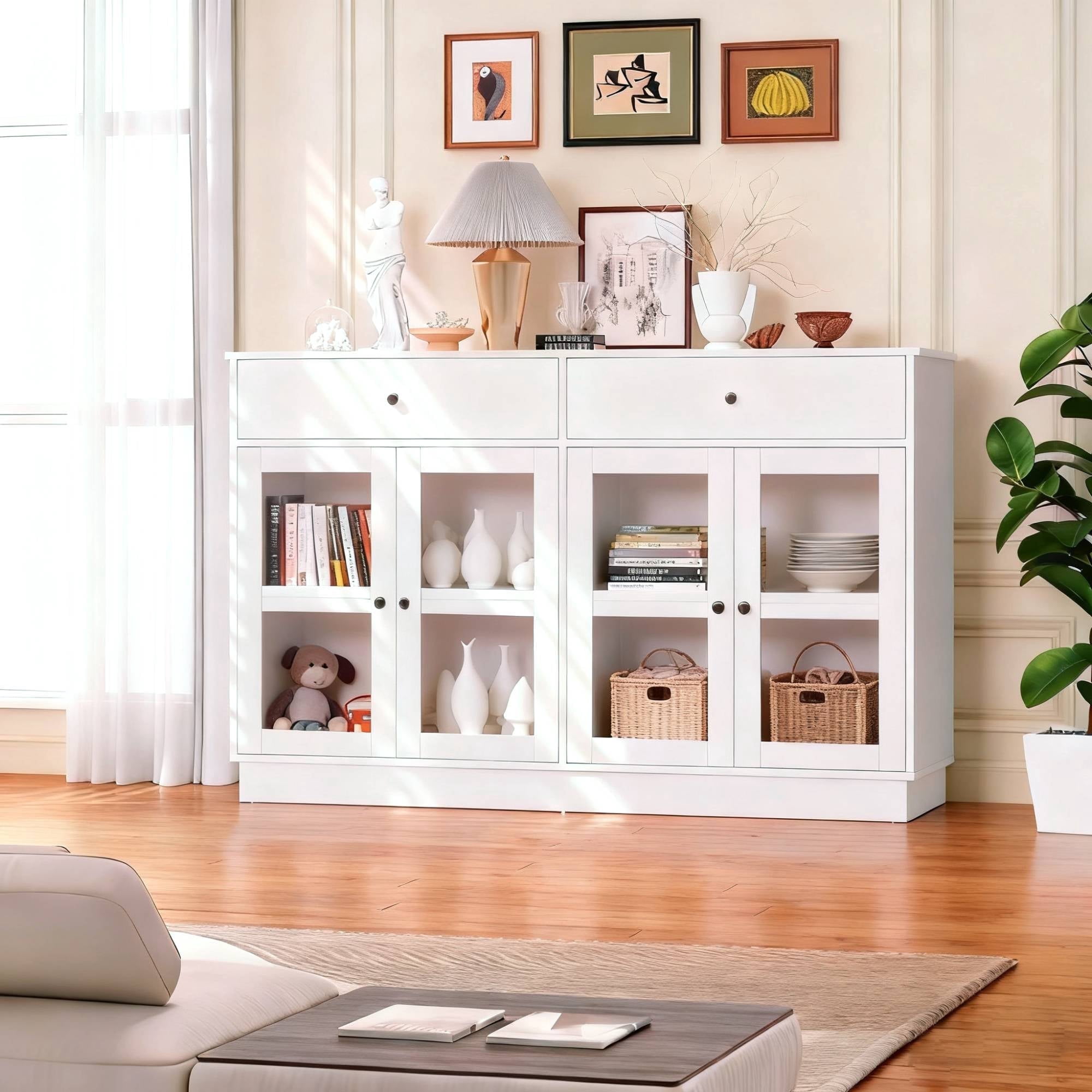 MARNUR 53.3" Modern Sideboard Buffet with 2 Drawers & 4 Glass Doors & LED Light, Large Kitchen Cabinet for Dining Room, Kitchen, Living Room, White - Image 4