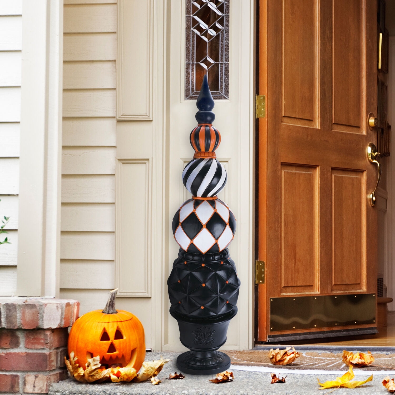 Haunted Hill Farm 4 ft Resin Ball and Finial Topiary in a Black Pedestal Urn Indoor/Outdoor Halloween Decoration, Harlequin and Stripe, HHRS050-0FIN-MLT - Image 4