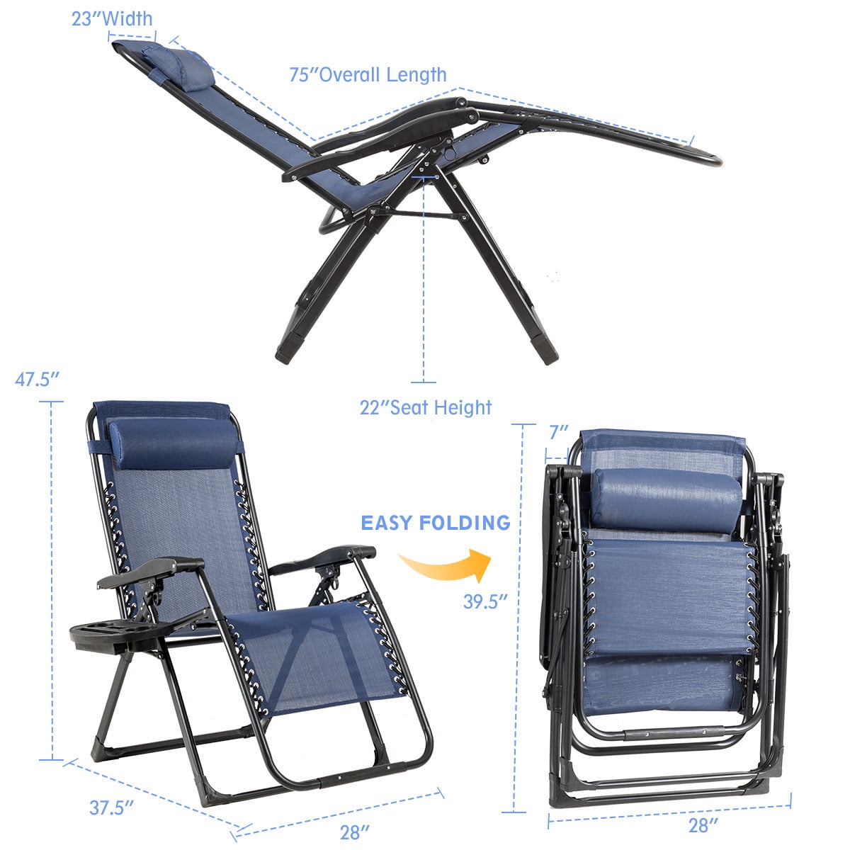 Costway Zero Gravity Chair Oversize Lounge Chair Patio Heavy Duty Folding Recliner Blue - Image 3