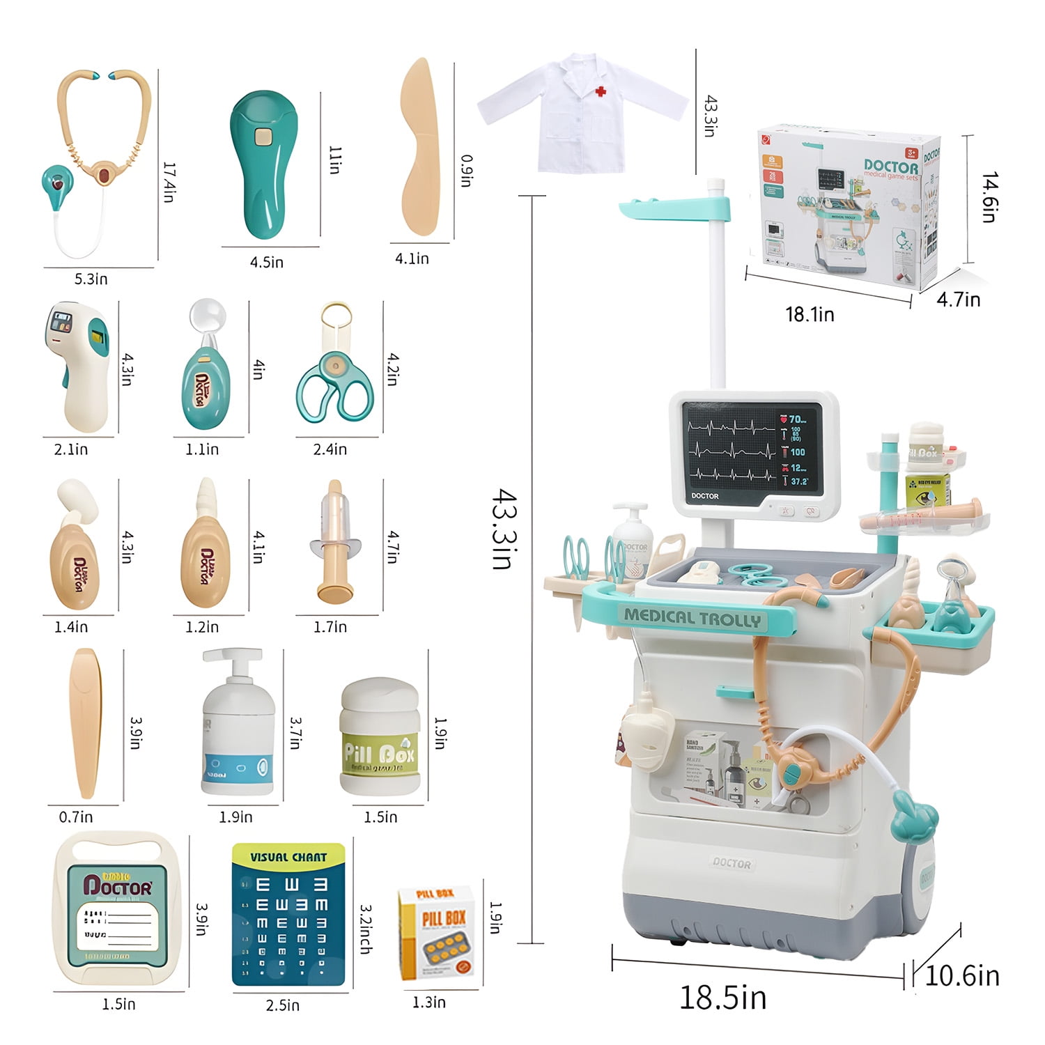 Petbank 28PCS Doctor Kit for Kids, Pretend Medical Station Toy Set for Girls Boys, Mobile Cart Doctor Role Play Toys for Toddler Gift Age 3+ - Image 7