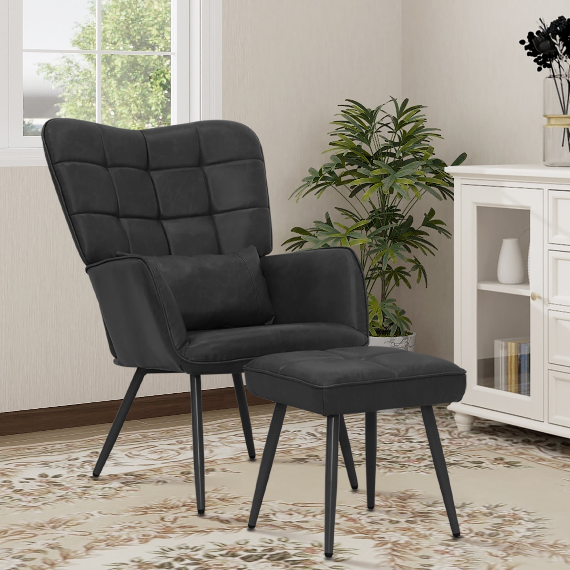 Abble Faux Leather Accent Chair with Ottoman and Toss Pillow for Living Room, Bed Room, Black - Image 5