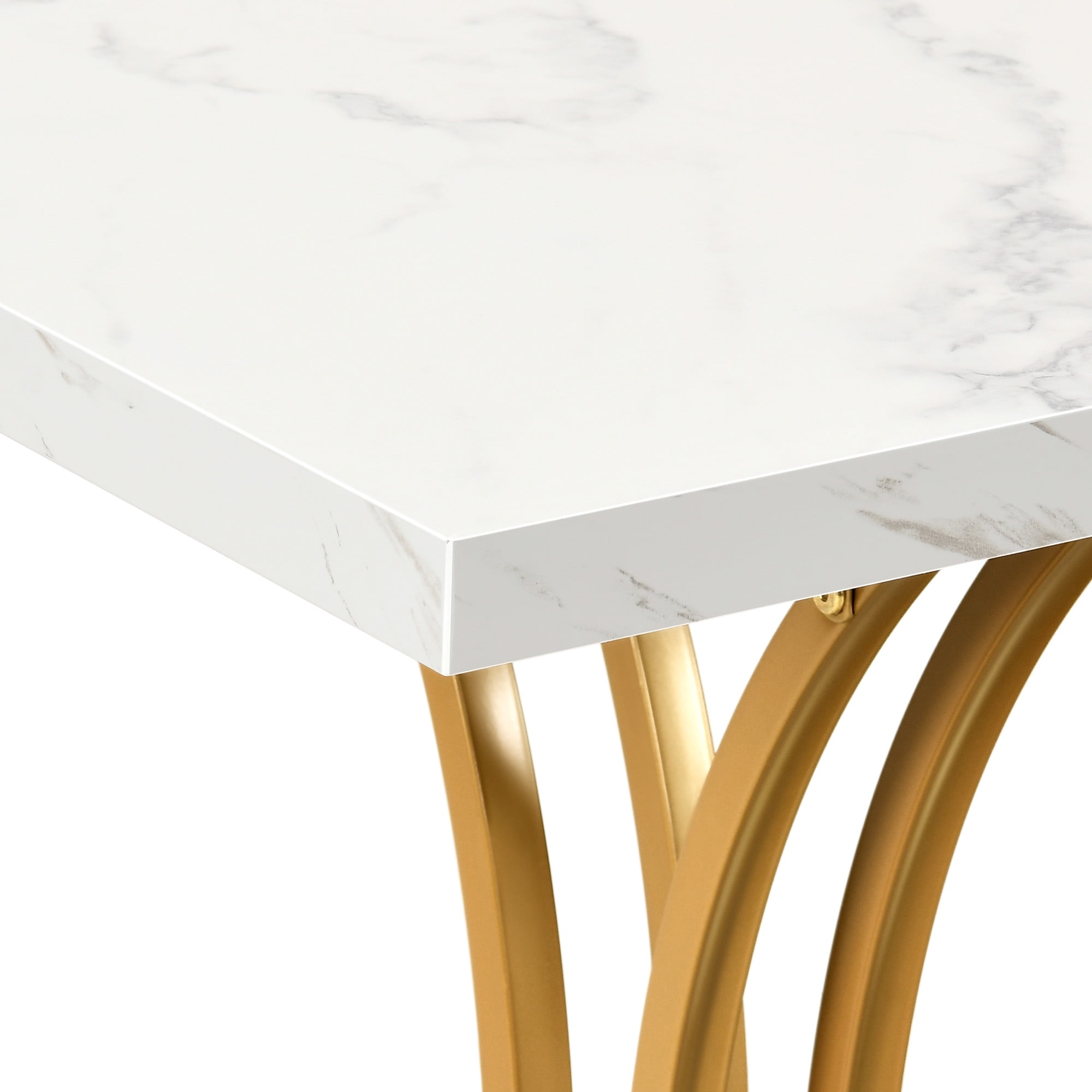 Dextrus 70.3" Solid Wood Dinner Table for 6-8 Person, Rectangular Modern Kitchen Table with Faux Marble Tabletop and Gold Geometric Metal Legs - White & Gold - Image 7