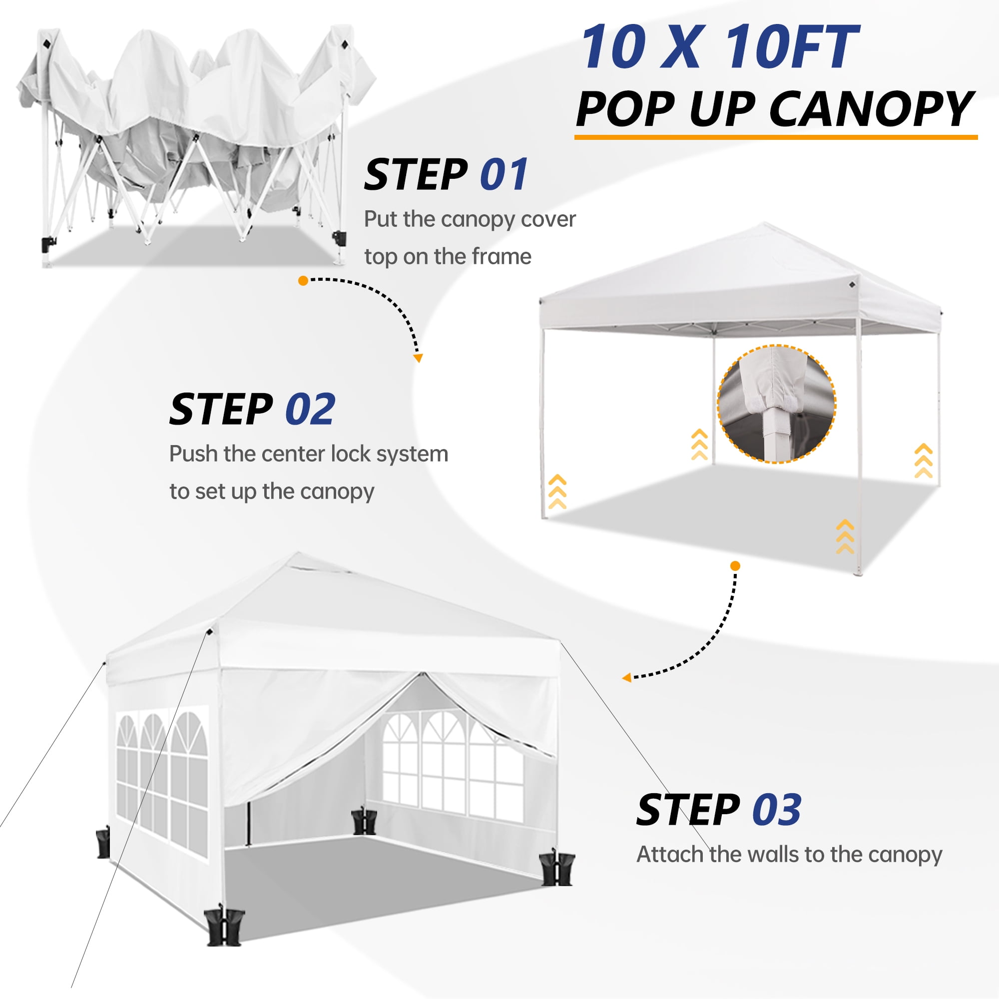 VentuLodge 10' x 10' Pop up Canopy Tent with Sidewalls, Windows, 4 Weight Bags, 8 Stakes, 4 Ropes, Wheeled Bag - White - Image 4