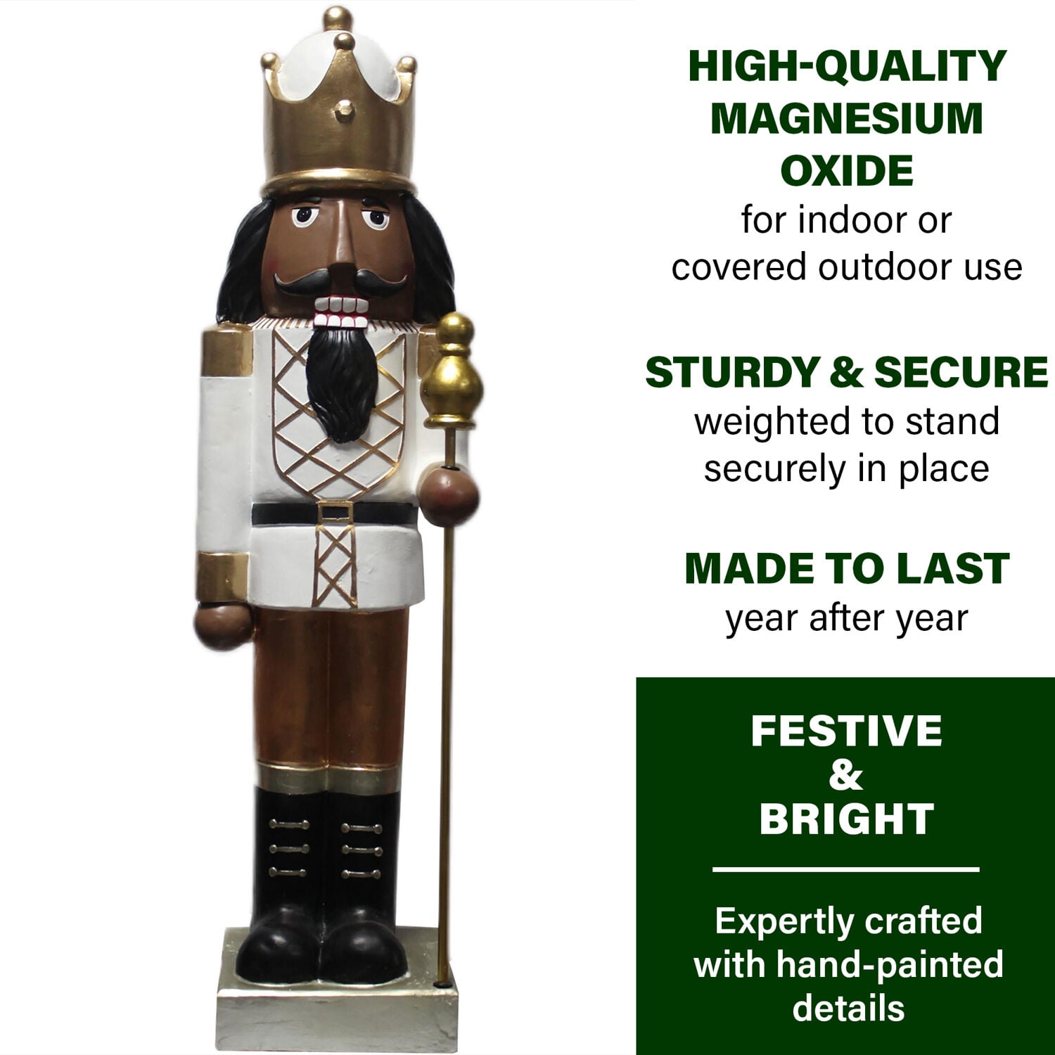 Fraser Hill Farm 48-In. African American Nutcracker Holding Staff MGO Figurine, Festive Indoor Christmas Holiday Decorations, White/Gold, FFMG048-0NC-GLDAA - Image 4