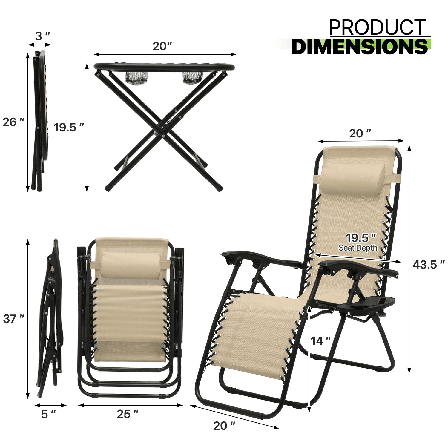 Magshion Outdoor Zero Gravity Chairs Set of 3, Adjustable & Folding Patio Reclining Lounge Chair, Zero-Gravity Camping Lounge Chair with Side Table, Cup Holder, Pillow, Cream - Image 7