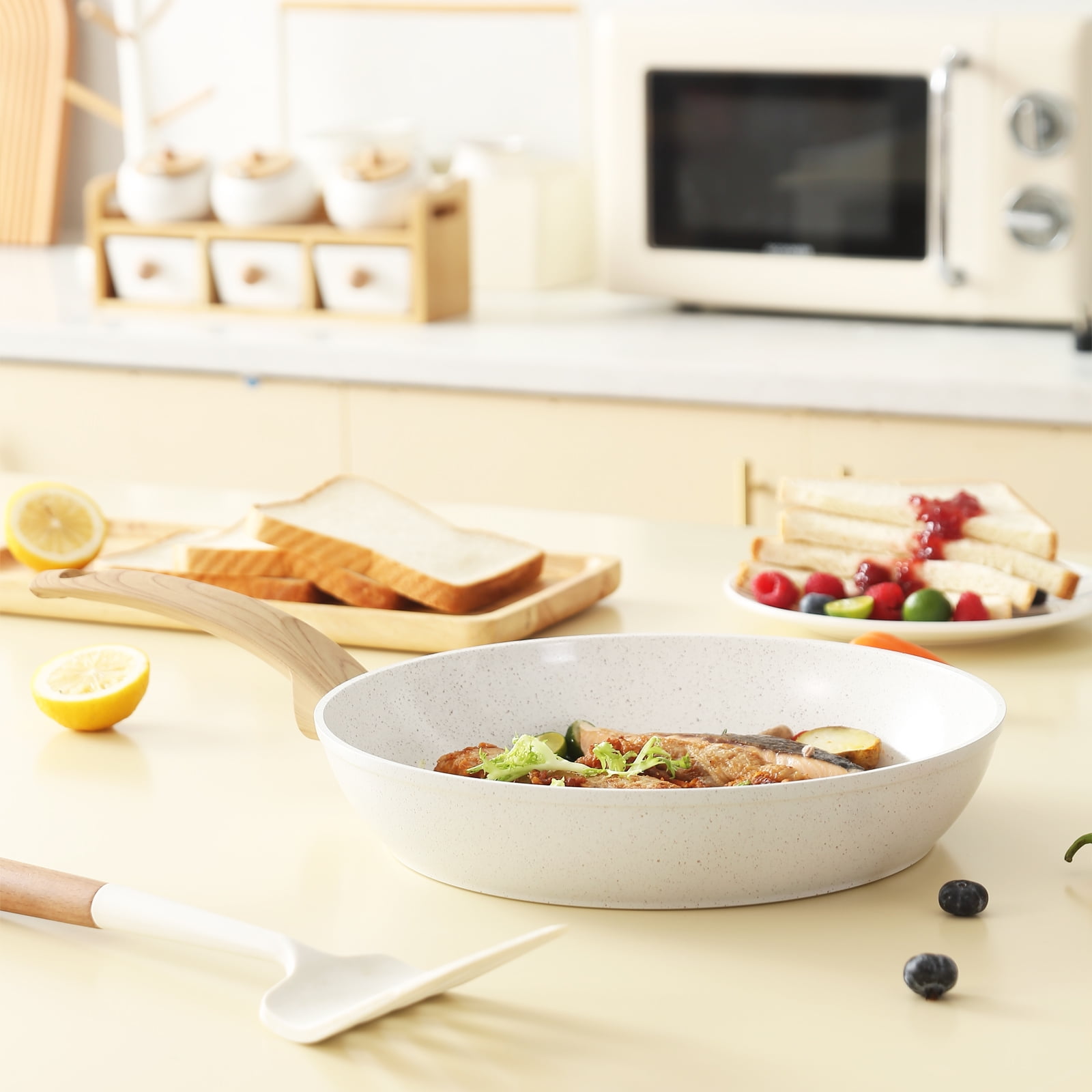 Vkoocy 6pcs Nonstick Ceramic Cookware Set, Non Stick Pots and Pans Set White Granite pattern - Image 8