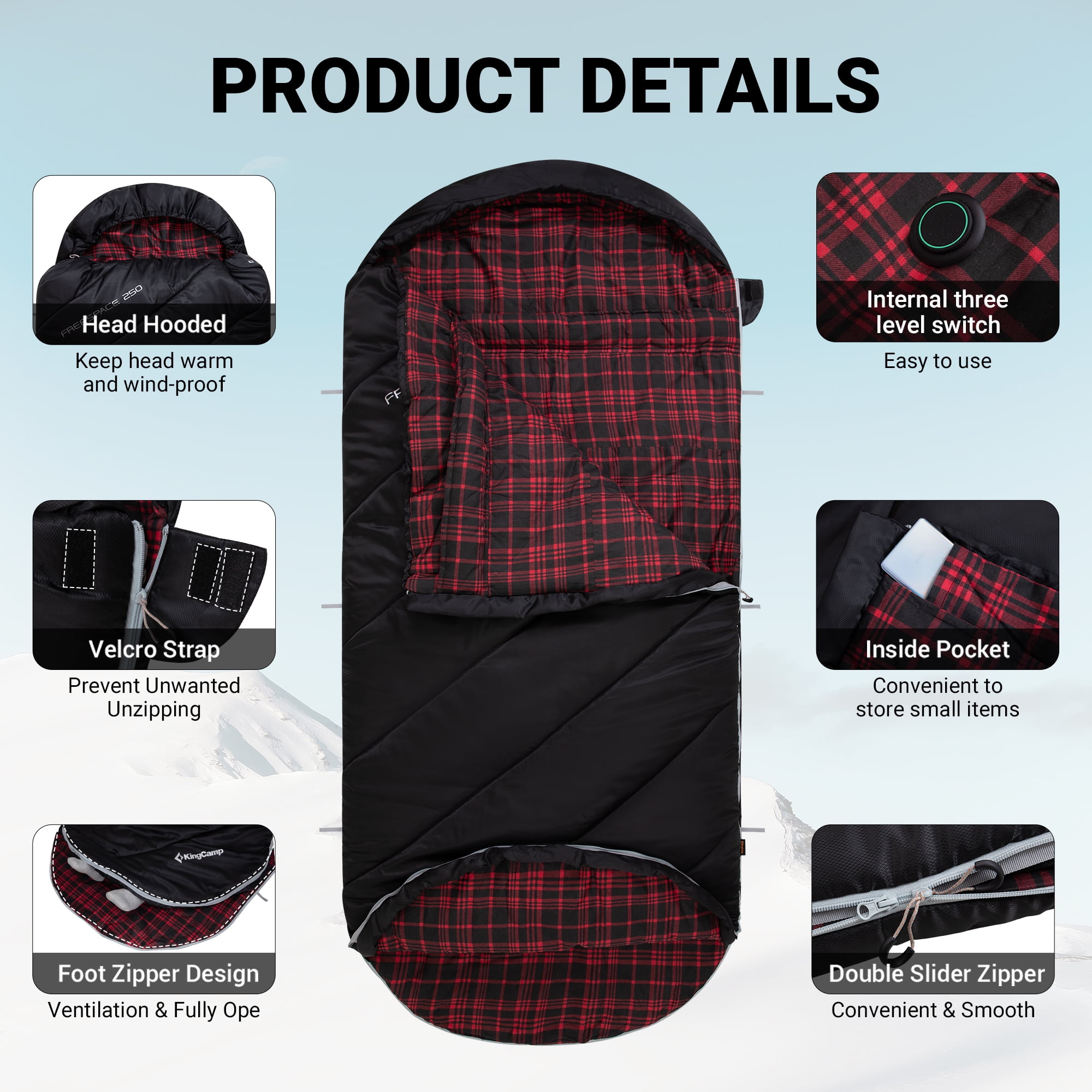 KingCamp Oversized Heating Sleeping Bags Cotton Flannel Cold Weather Sleeping Bag with 3 Adjustable Heating Levels for Adult - Image 5