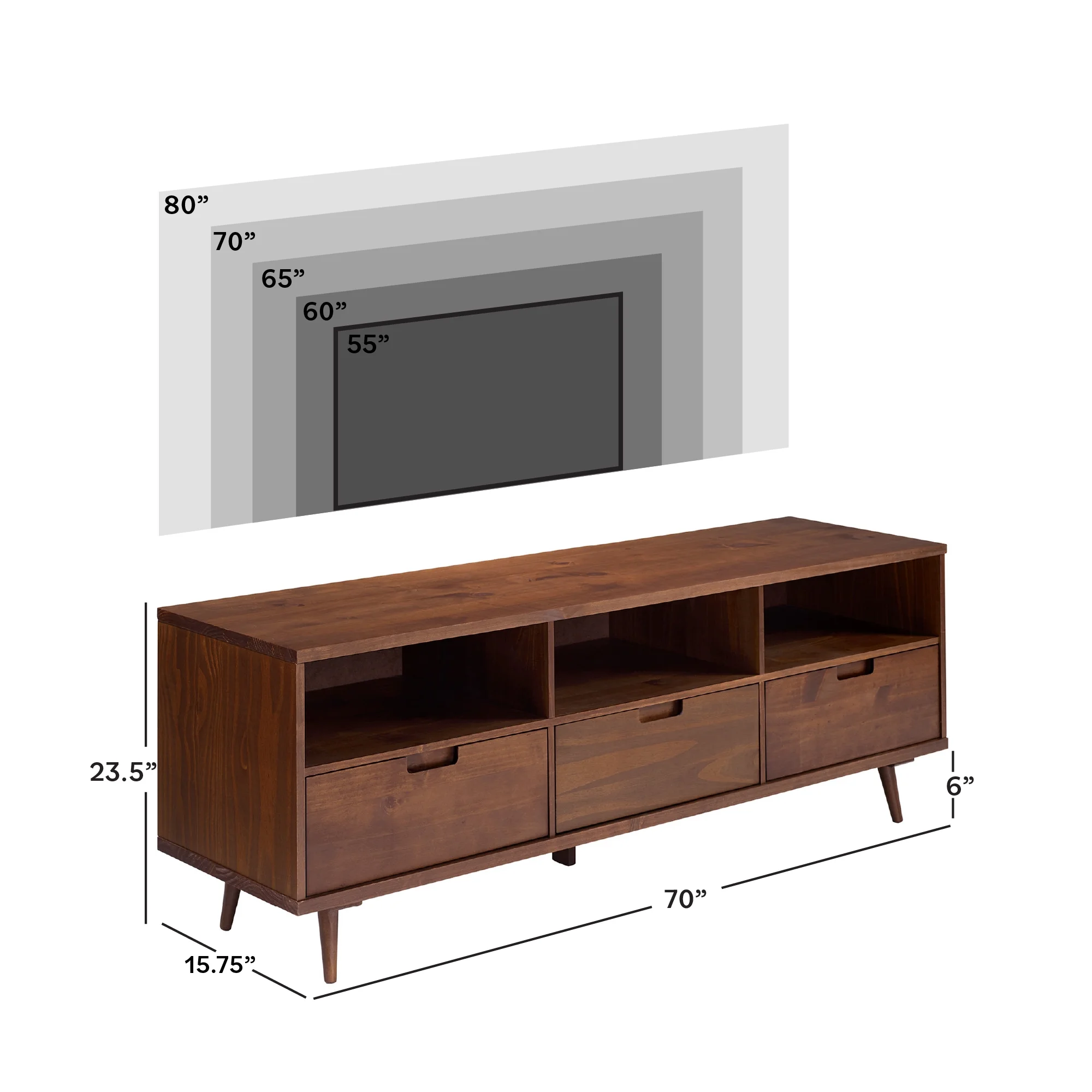 Walker Edison Modern Boho Wood 3 Drawer 70” TV Stand, Walnut - Image 11