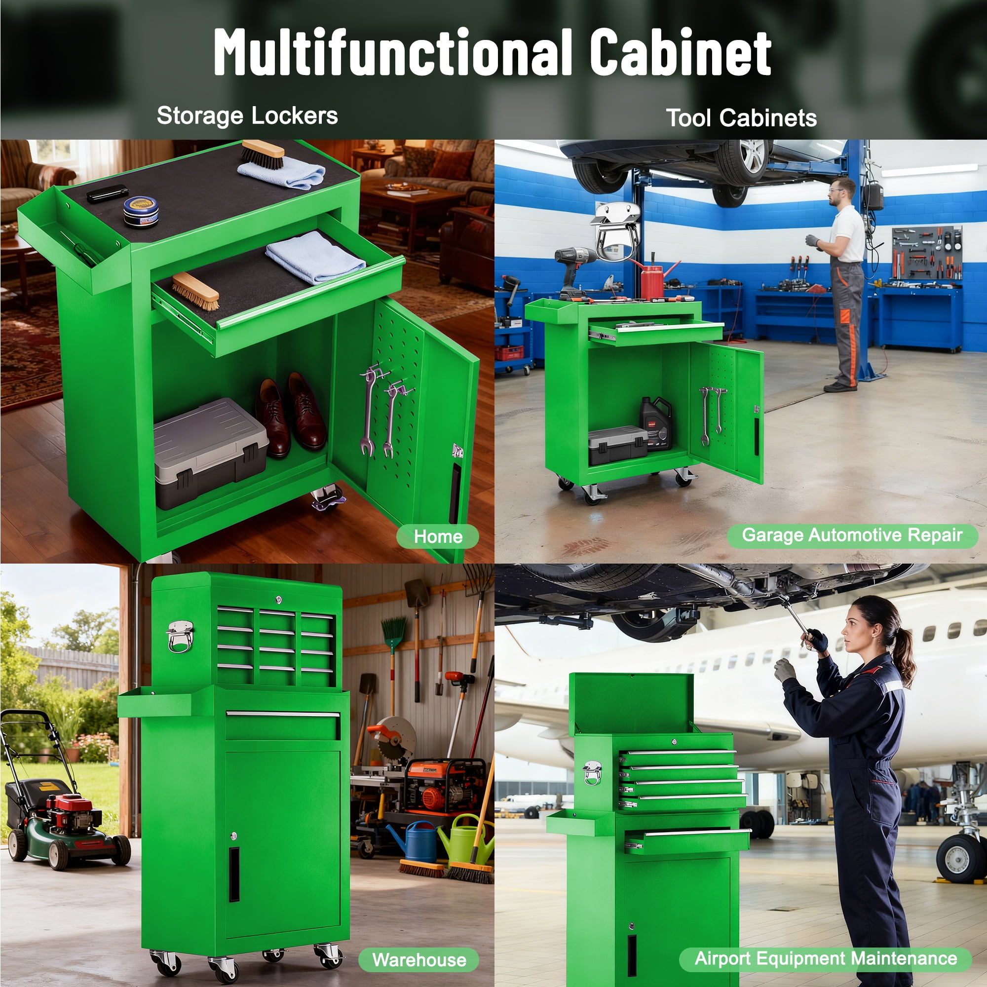 5-Drawer Tool Chest on Wheels, 2 In 1 Rolling Tool Storage Cabinet, Tool Organizer for Garage, Workshop, Warehouse & Repair Shop, Green - Image 8