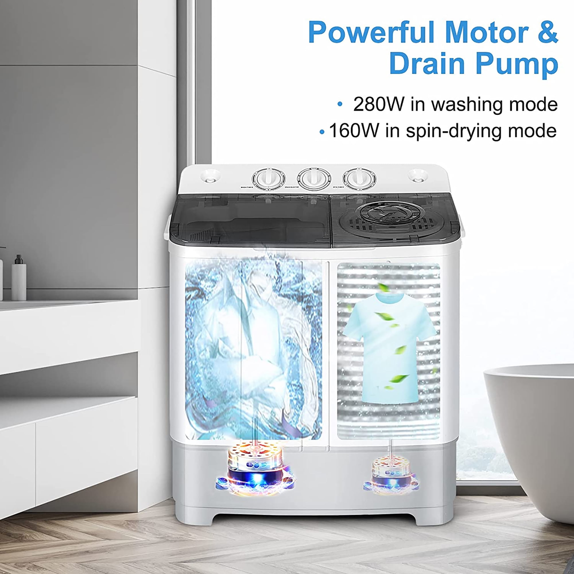 Costway Portable Twin Tub Washing Machine Washer(13.2lbs) & Spinner (8.8lbs) Grey - Image 8