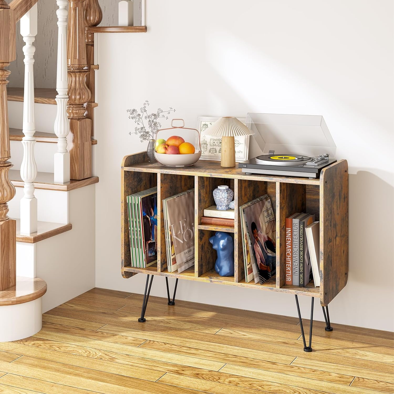 Record Player Stand Large Vinyl Record Storage holds Albums Brown Vinyl Holder Storage Shelf, Side End Table,Turntable Stand with metal legs for Bedroom, Living Room - Image 5