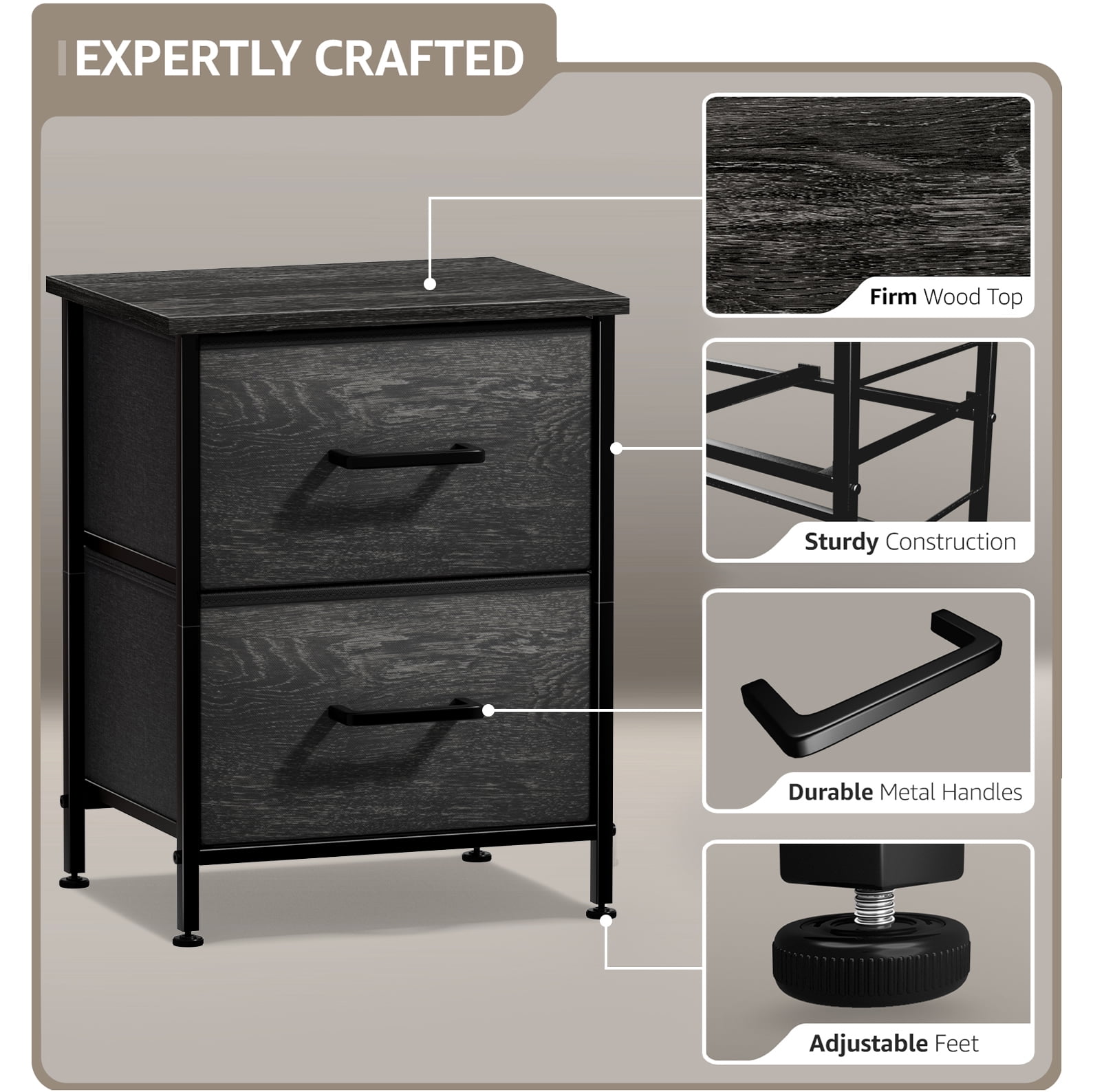 Sorbus Nightstand Dresser with 2 Faux Wood Drawers – Bedside Table with Storage – Steel Frame, Wood Top & Easy Pull Fabric Bins – Bedroom, Living Room, Dorm Furniture, Gray Wood - Image 2