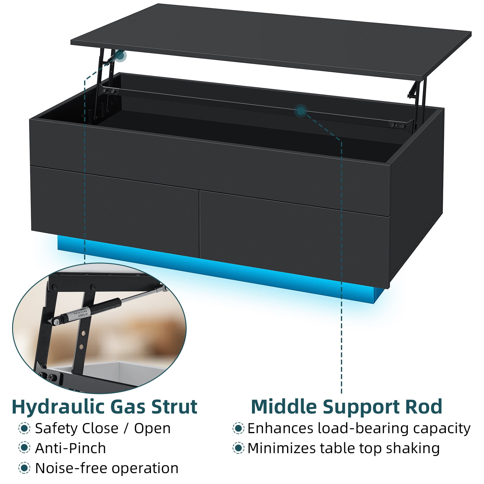 Hommpa LED Lift Top Coffee Table with Storage Modern Coffee Tables for Living Room Rectangle High Gloss Center Table with 2 Drawers - Image 10