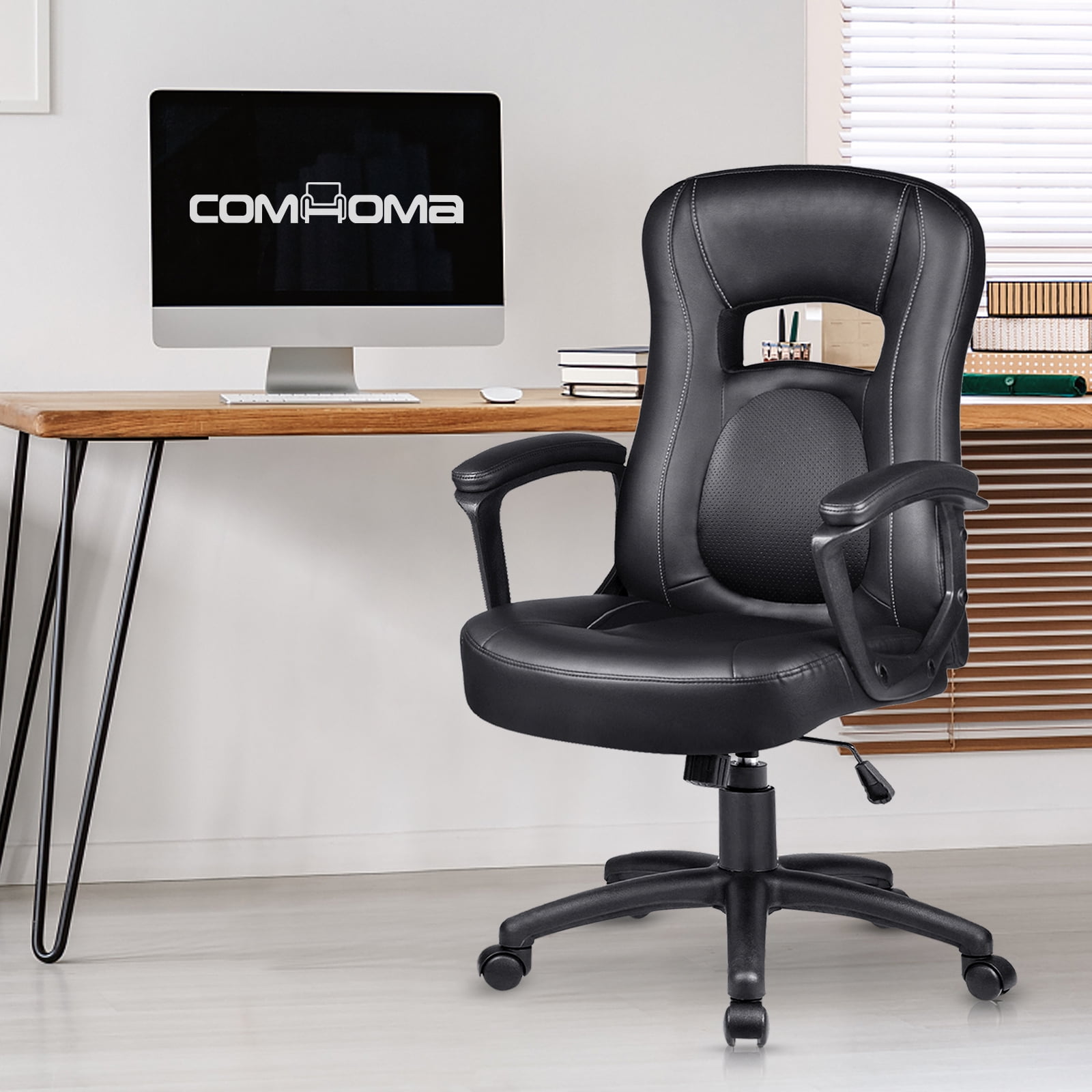 Comhoma Mid Back Ergonomic Faux Leather Executive Office Chair, Black - Image 8