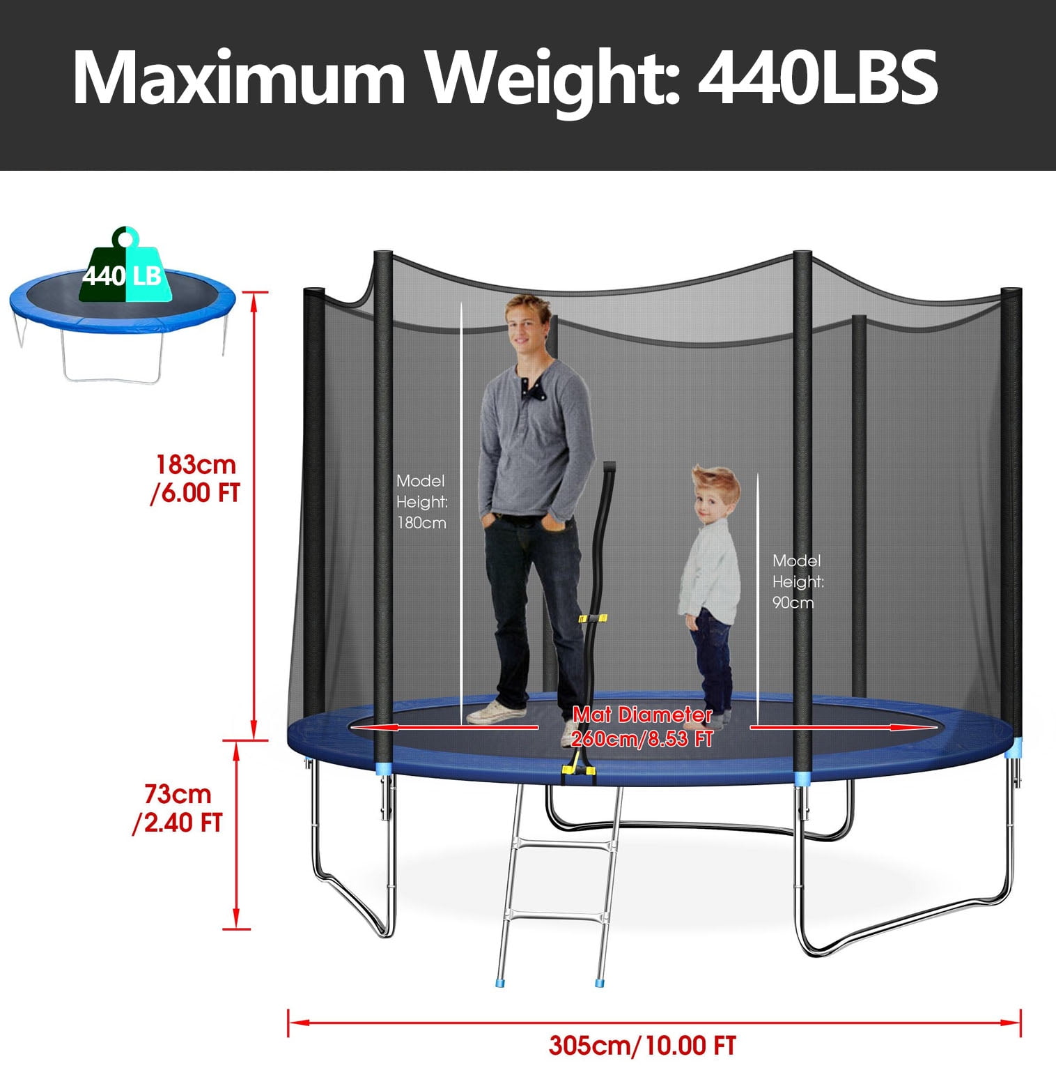 Inolait 10 ft Trampoline, with Enclosure and Wind Stakes, Blue - Image 3