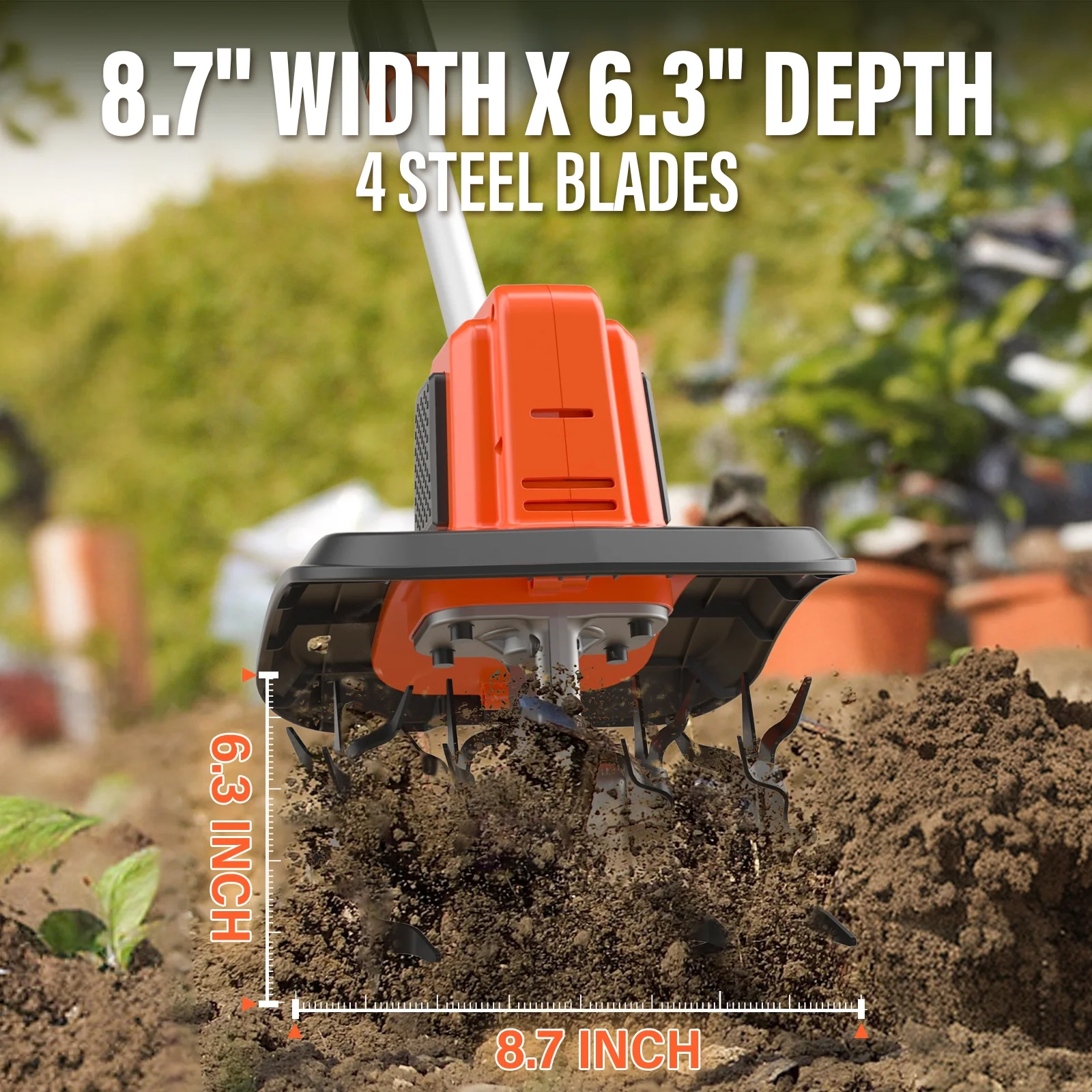 21V Cordless Tiller Cultivator with 2 * 3.0Ah Batteries & Charger, 9In Tilling Width and 6.7In Depth Garden Rototiller for Lawn/Gardening/Soil Cultivation - Image 2