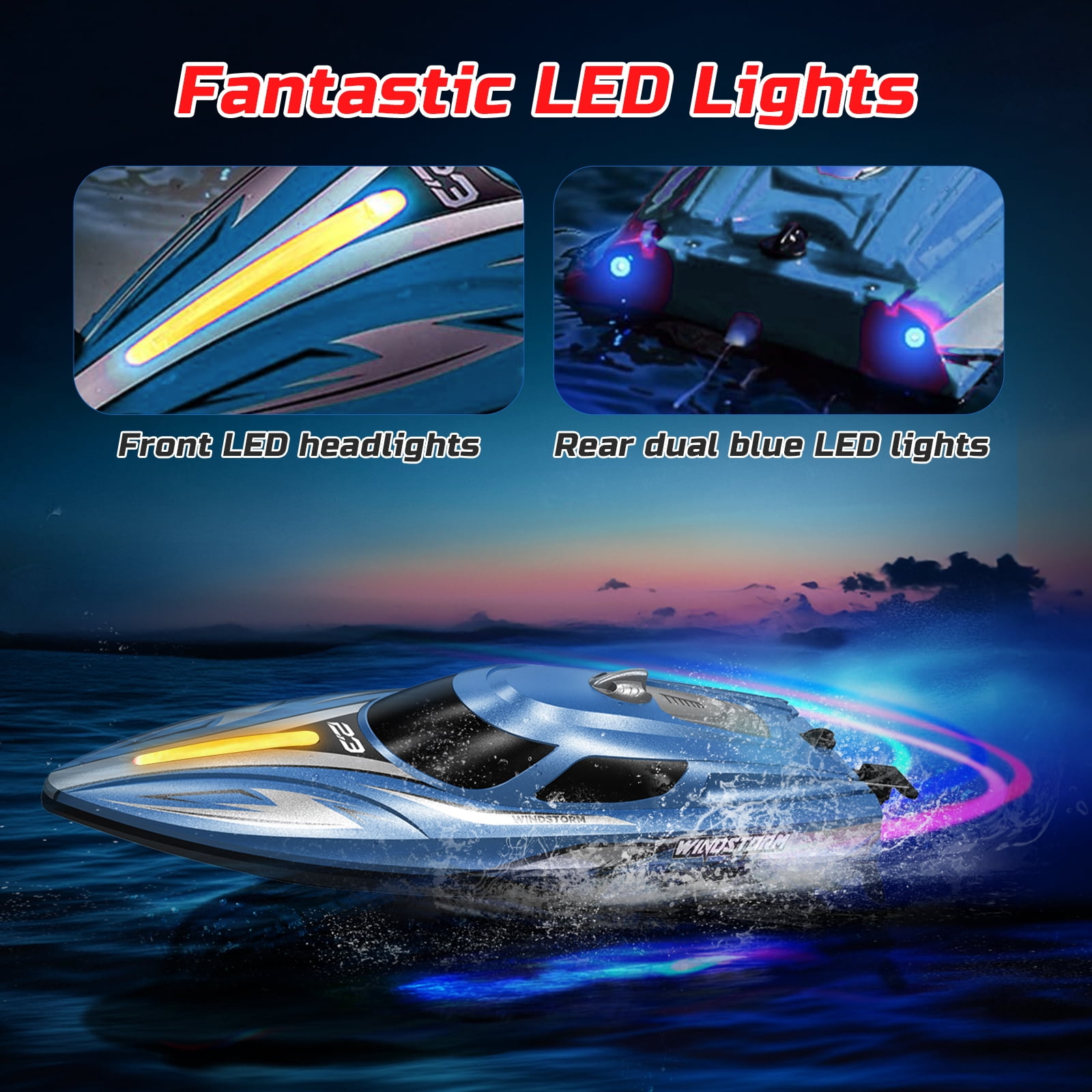 JoyStone 20+ mph RC Boat for Pool & Lakes, 14 inch Remote Control Boat with LED Lights, 2 Batteries 40Mins, Pool Toys for Adults & Kids (Blue) - Image 2