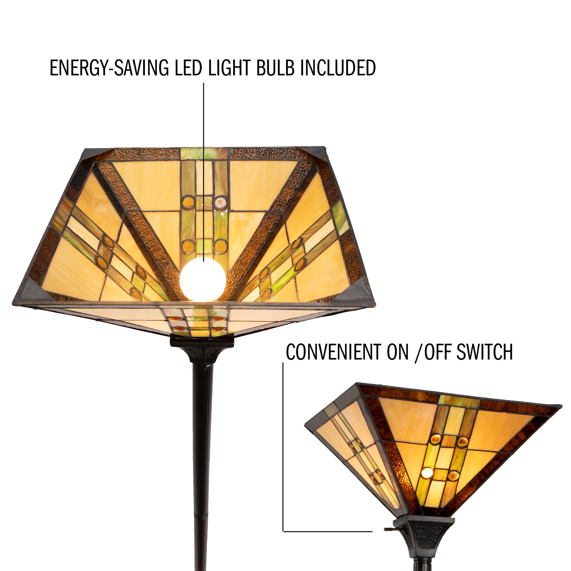 Lavish Home Tiffany Style Floor Lamp – Mission Design Art Glass Torchiere Lighting LED Bulb Included - Image 2