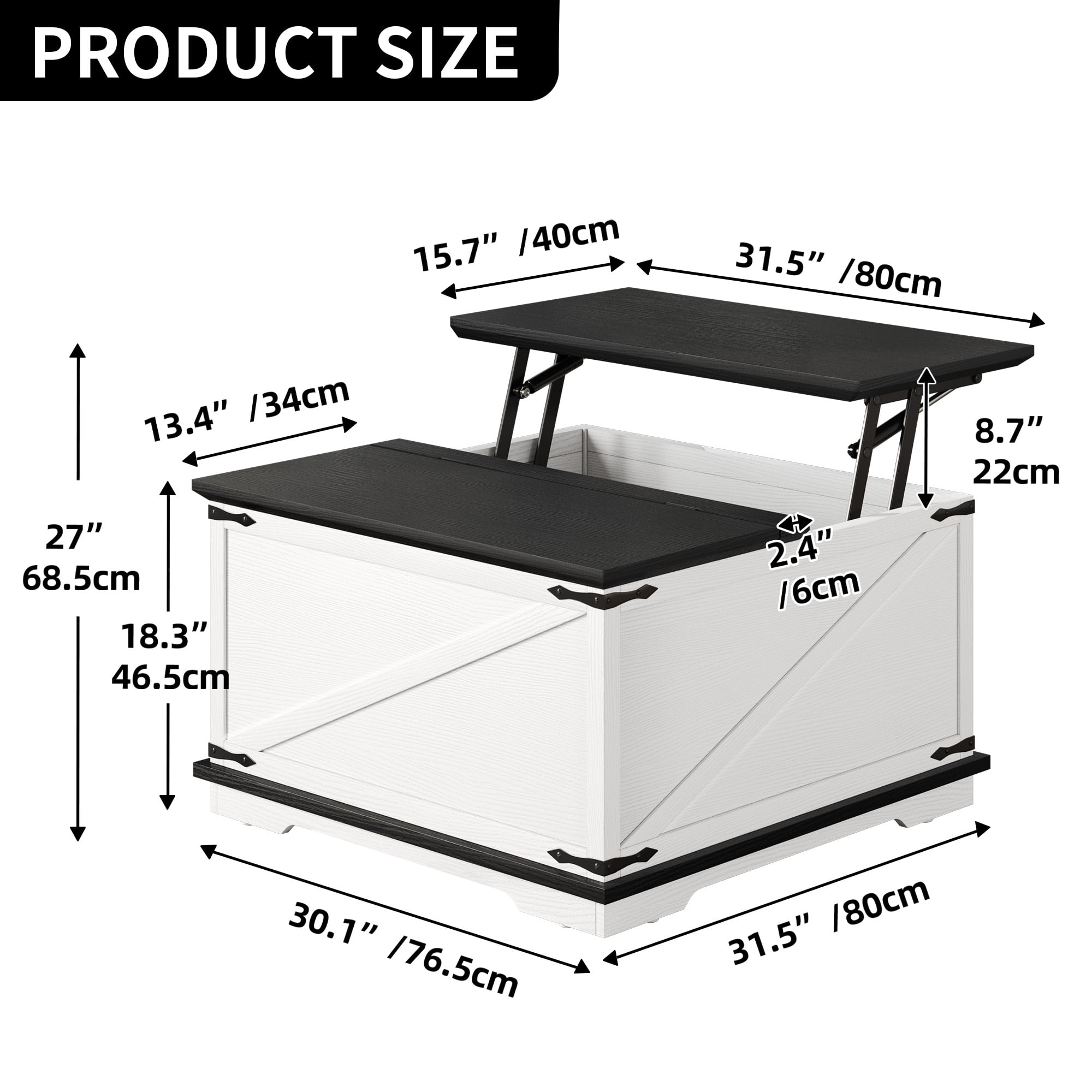 Dextrus Farmhouse Square Lift Top Coffee Table with Storage, Wood Center Table for Living Room, White and Black - Image 5