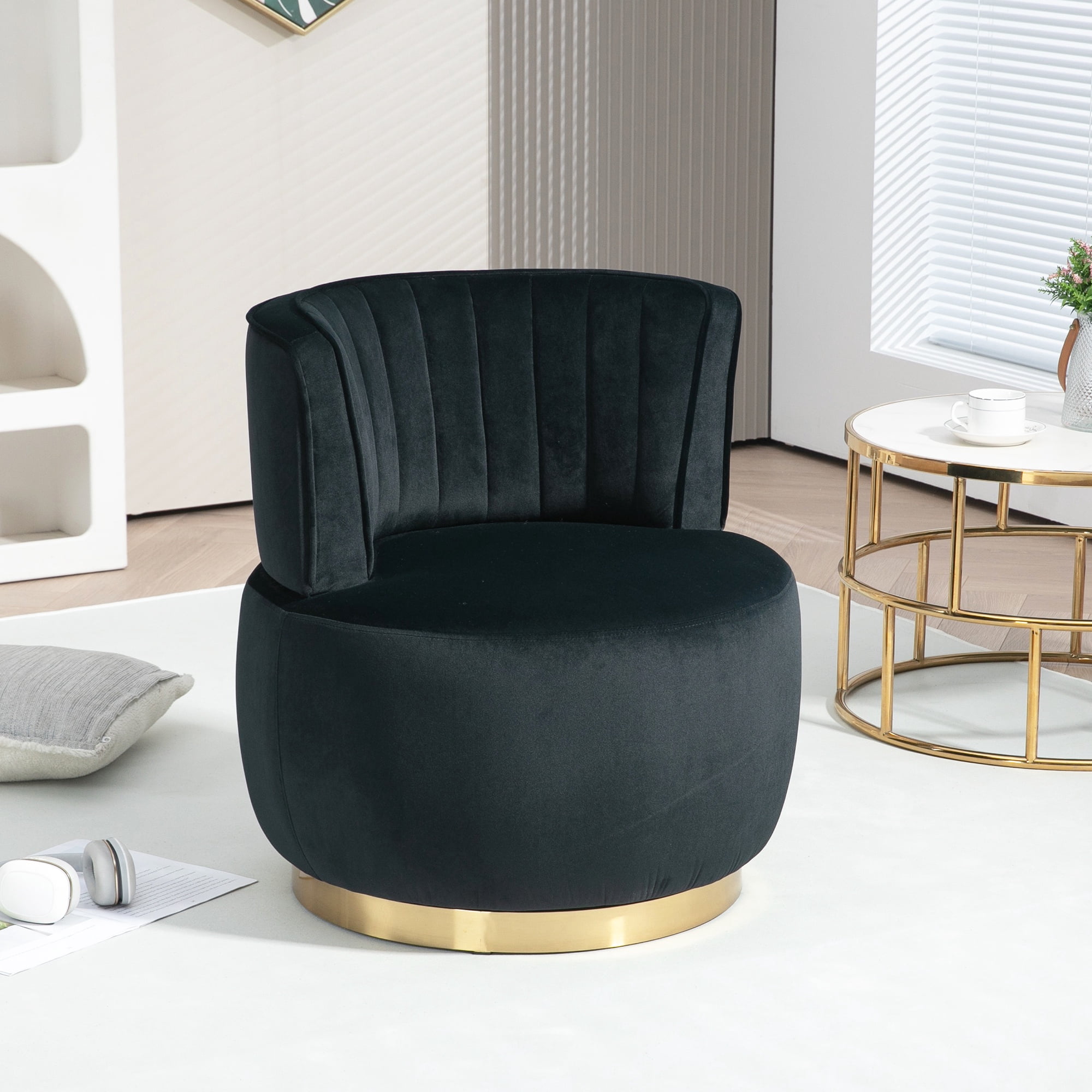 PAPROOS Swivel Accent Chair, Armchair with Velvet Fabric, Barrel Chair with Metal Ring for Living Room, Bedroom, Black - Image 2