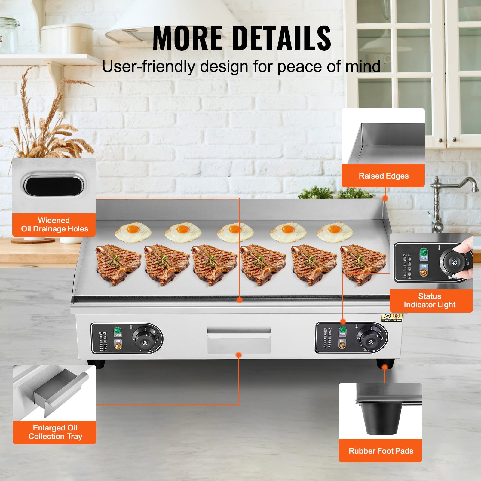 KFFKFF 26" Commercial Electric Griddle 2800W, Adjustable Temperature from 122℉ to 572℉, Stainless Steel Flat Top Grill, 25.98" x 15.75" x 0.39", Includes 2 Shovels and 2 Brushes - Image 5