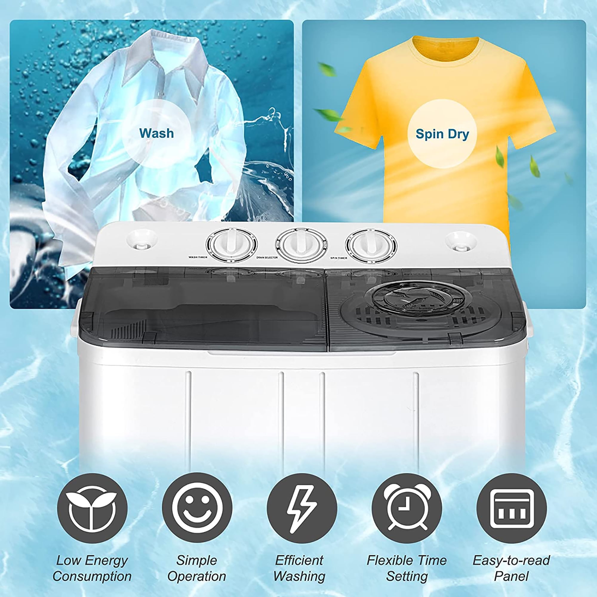 Costway Portable Twin Tub Washing Machine Washer(13.2lbs) & Spinner (8.8lbs) Grey - Image 3