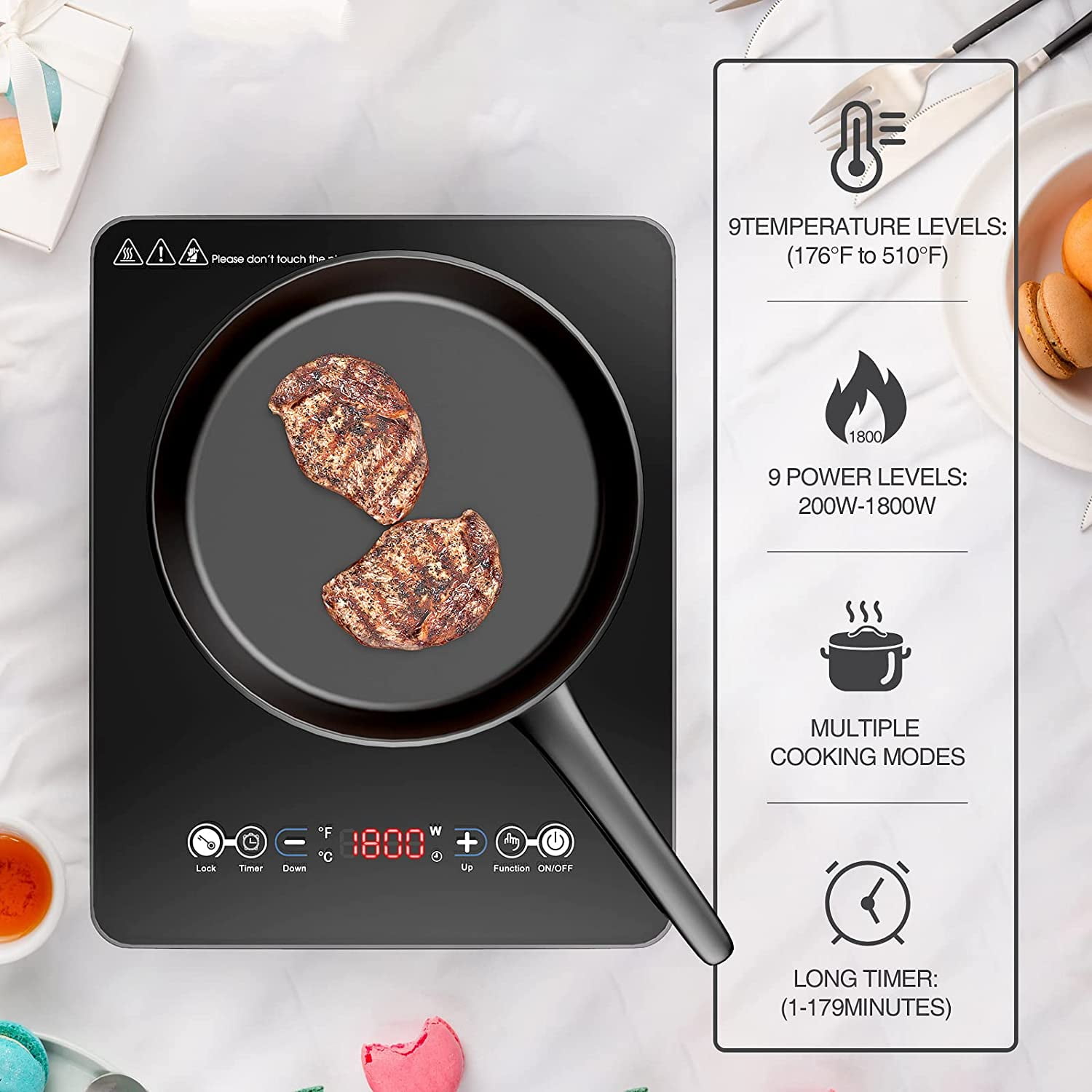 VBGK Portable Induction Cooktop Single Burner 1800W 120V with Plug,Countertop Hot Plate for Cooking,3H & Auto Shutdown Induction Burner,Child Lock Electric Cooktop - Image 5
