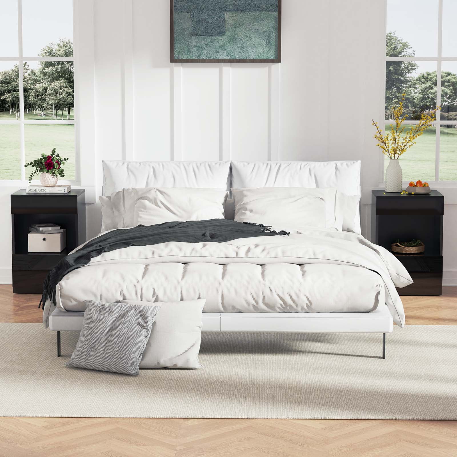 Hommpa Nightstand, 2 Drawer Nightstand Open Shelf Nightstands Bedside Table Modern End Tables Living Room High Gloss Side Table Bedroom Home Furniture Black - Image 8