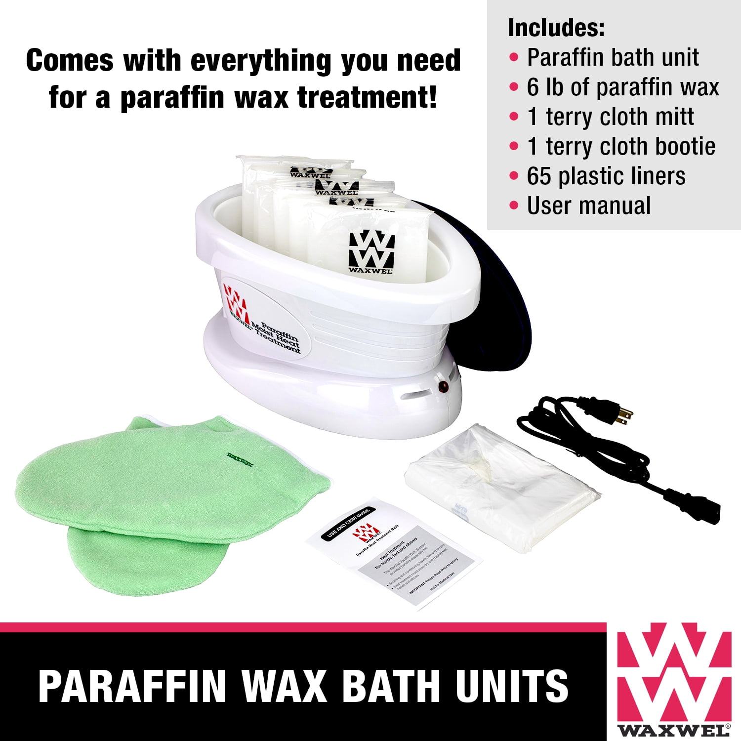 WaxWel Paraffin Wax Bath, Professional Home and Spa Soothing Moisturizing Therapy System, Wax Warmer, 65 Liners, 1 Thermal Hand Mitt, 1 Foot Bootie, 6 Pound Unscented Paraffin, Fragrance-Free - Image 4