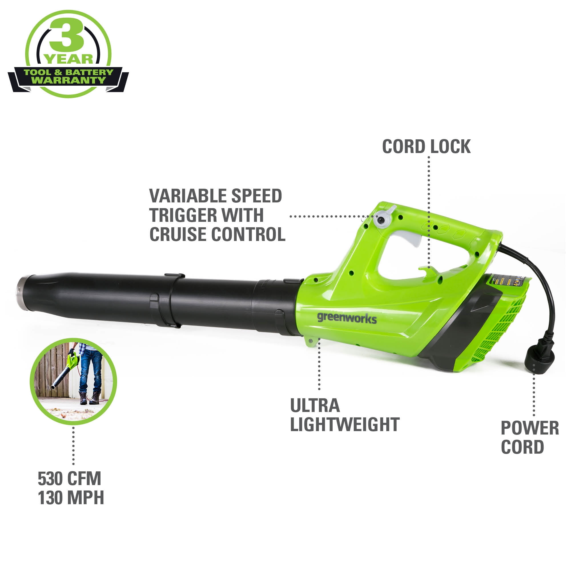 Greenworks 9 Amp 530 Cfm at 130 mph Corded Electric Axial Leaf Blower 2400902 - Image 8