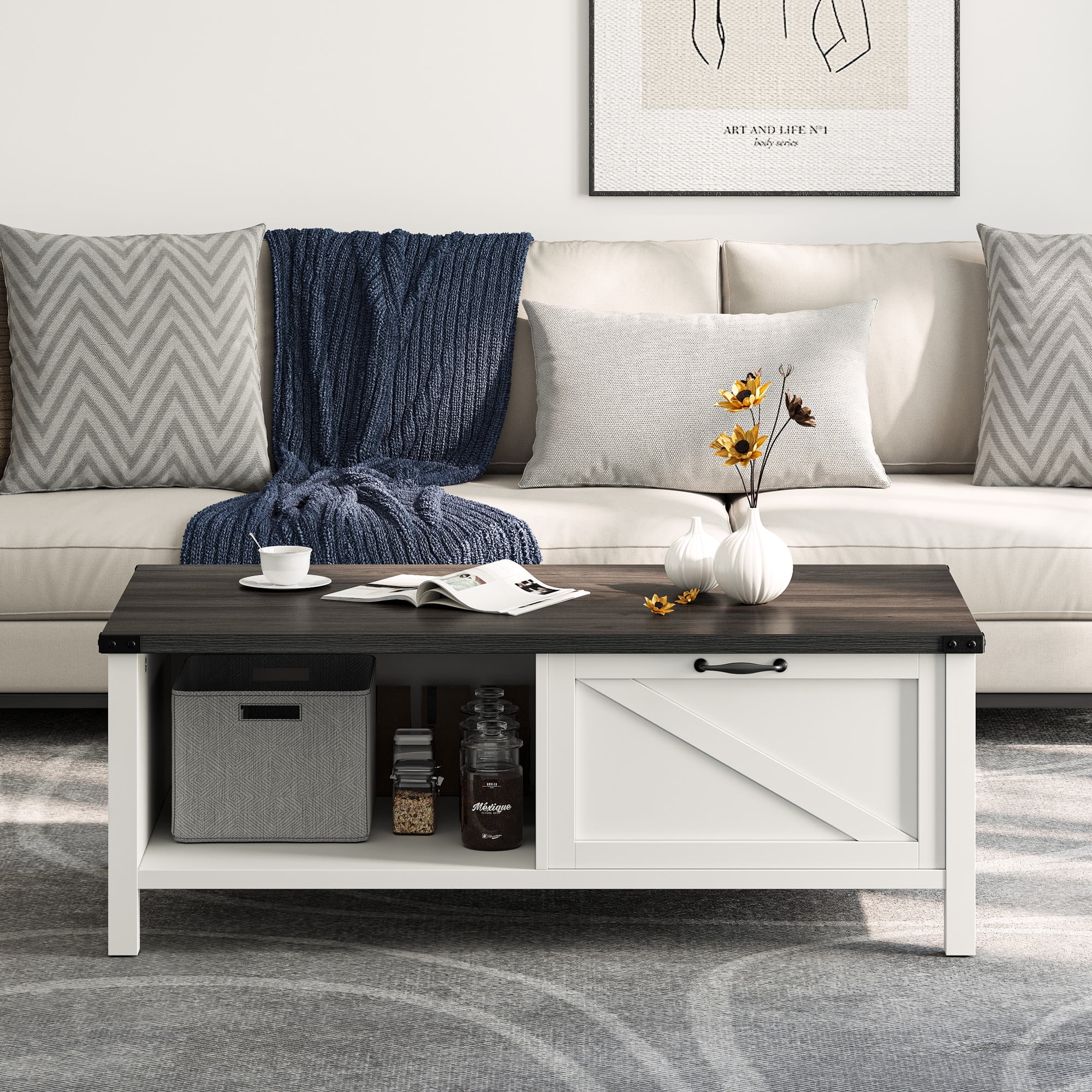 Dextrus Farmhouse Coffee Table with Storage, 2-Tier Storage Open Shelf Rustic Living Room Tables, White & Black - Image 5