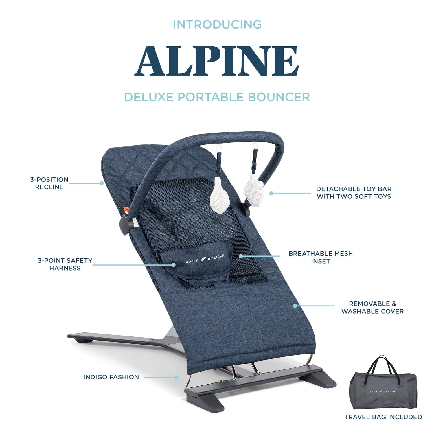 Baby Delight Alpine Deluxe Portable Baby Bouncer, for Infants 0-6 Months, Quilted Indigo - Image 8