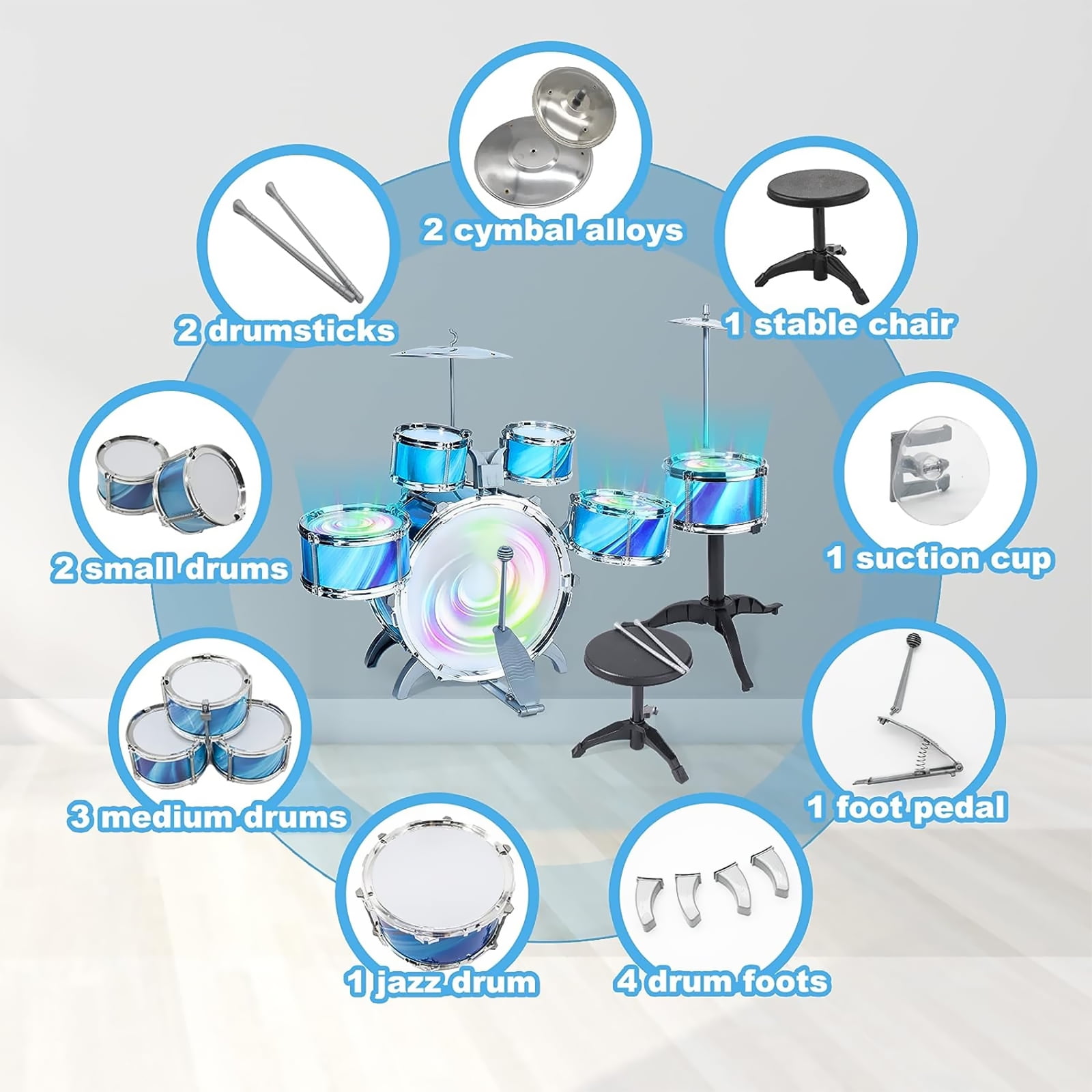 Kids Drum Set, 15 Pieces Drum Set for for Toddlers 1-3, Musical Instrument Toys with 6 Drums, w/ 4 Lights and 2 Cymbals, Drum Kit Boys Girls Birthday Gift for Beginner Music Practice - Image 6