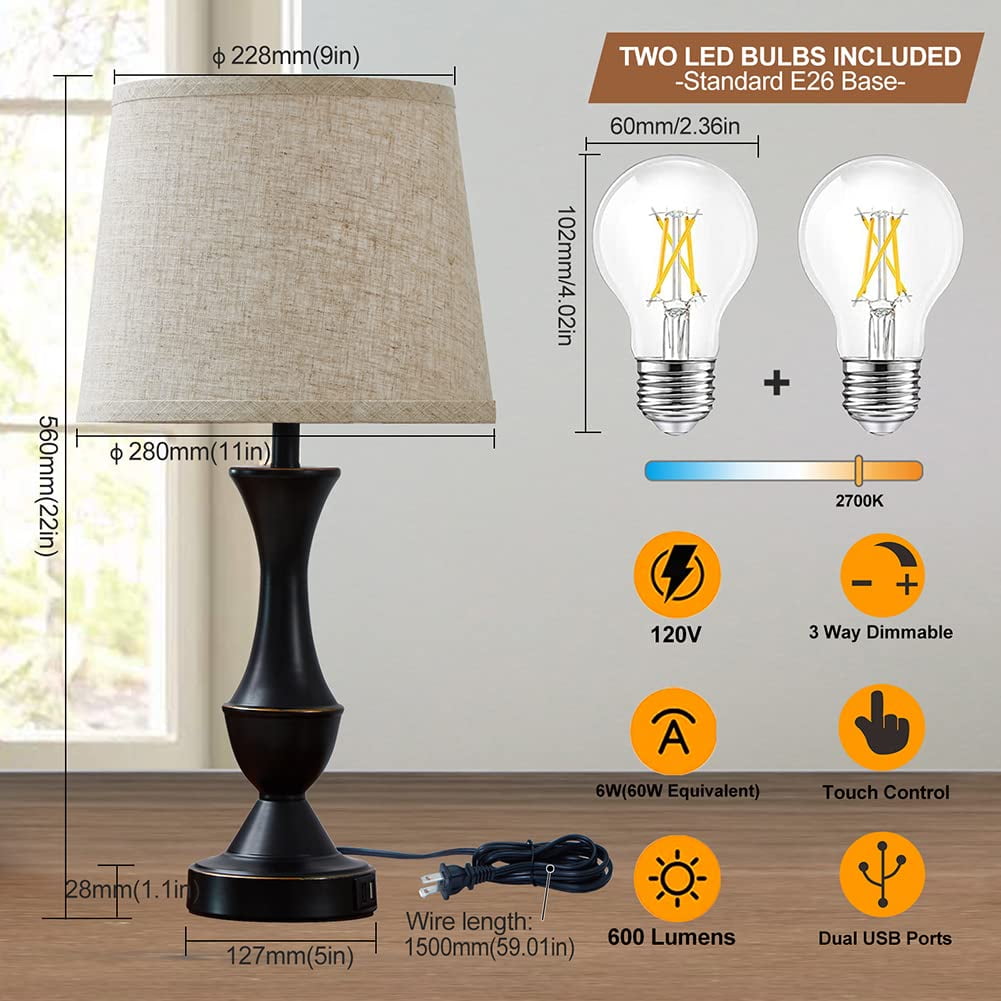 Natyswan Touch Lamps for Bedrooms Set of 2, Bedside Lamp with Dual USB Charging Ports, 3 Way Dimmable Nightstand Lamps with Premium Linen Fabric Lampshade for Bedroom, Living Room (Bulb Included) - Image 8