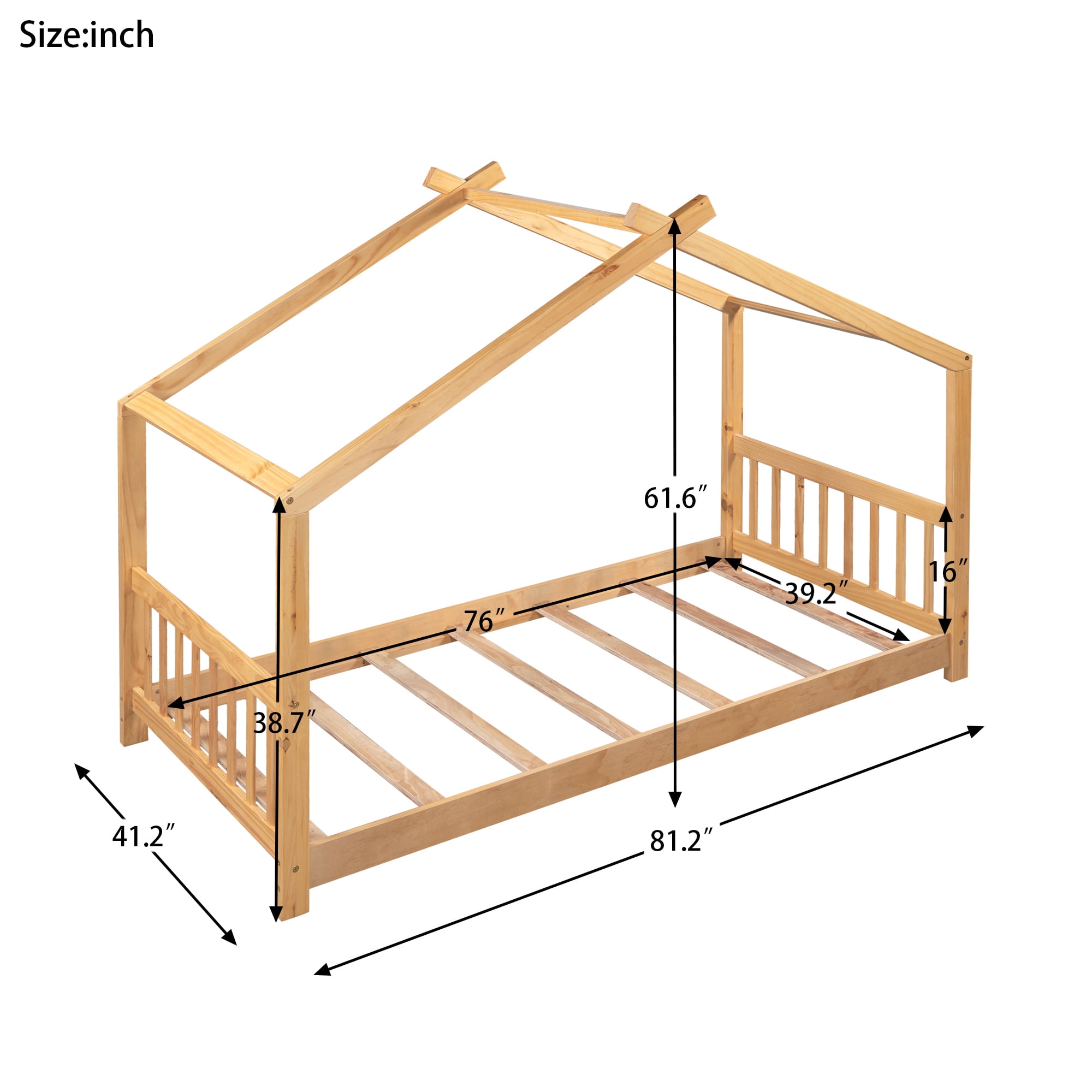 Euroco Wood House-Shaped Twin Platform Bed for Kids, Low Profile House Bed, No Box Spring Needed, Wood Color - Image 5