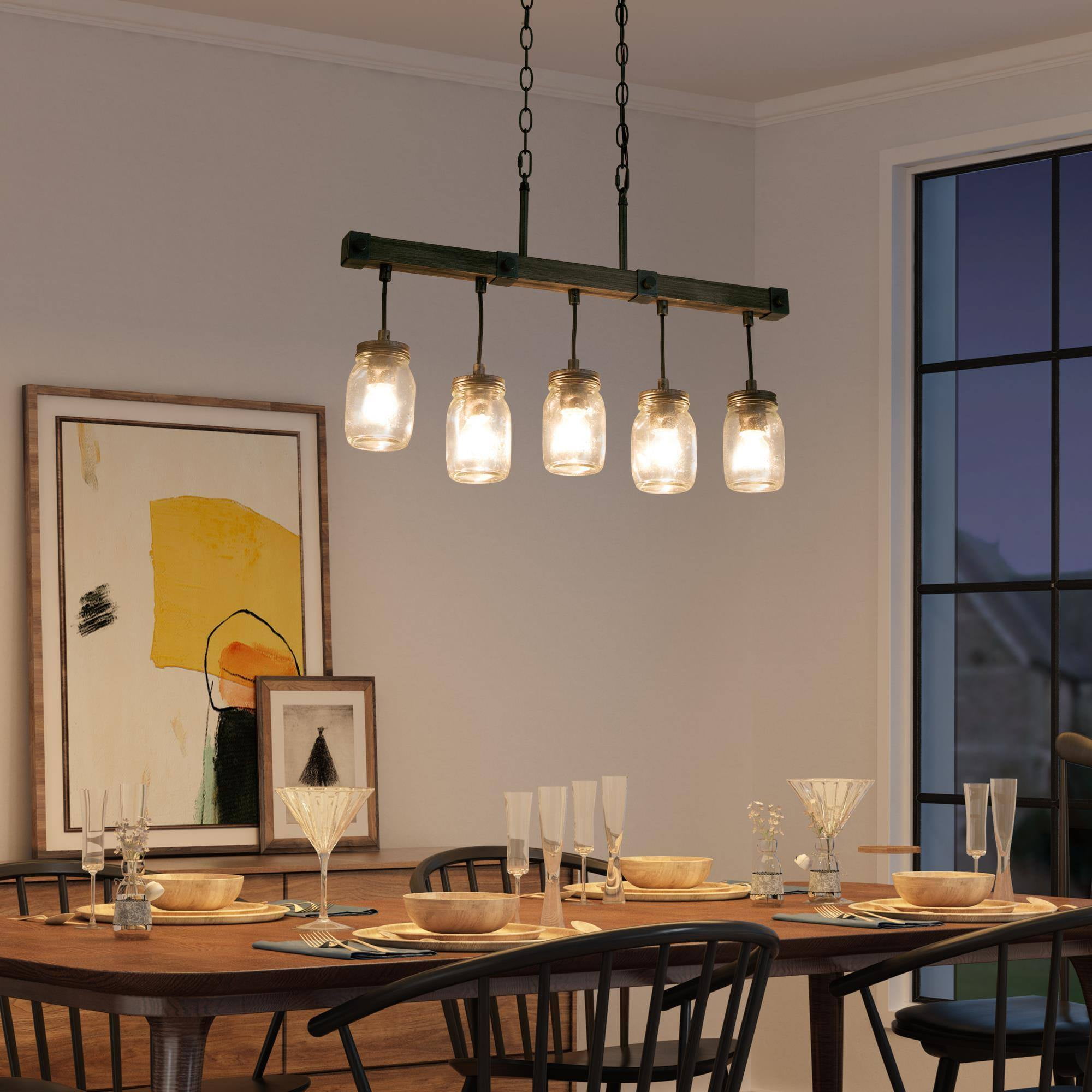 LNC Farmhouse 5-Light Linear Chandelier with Mason Jar Glasss, Rustic Wood and Iron Finish - Image 11