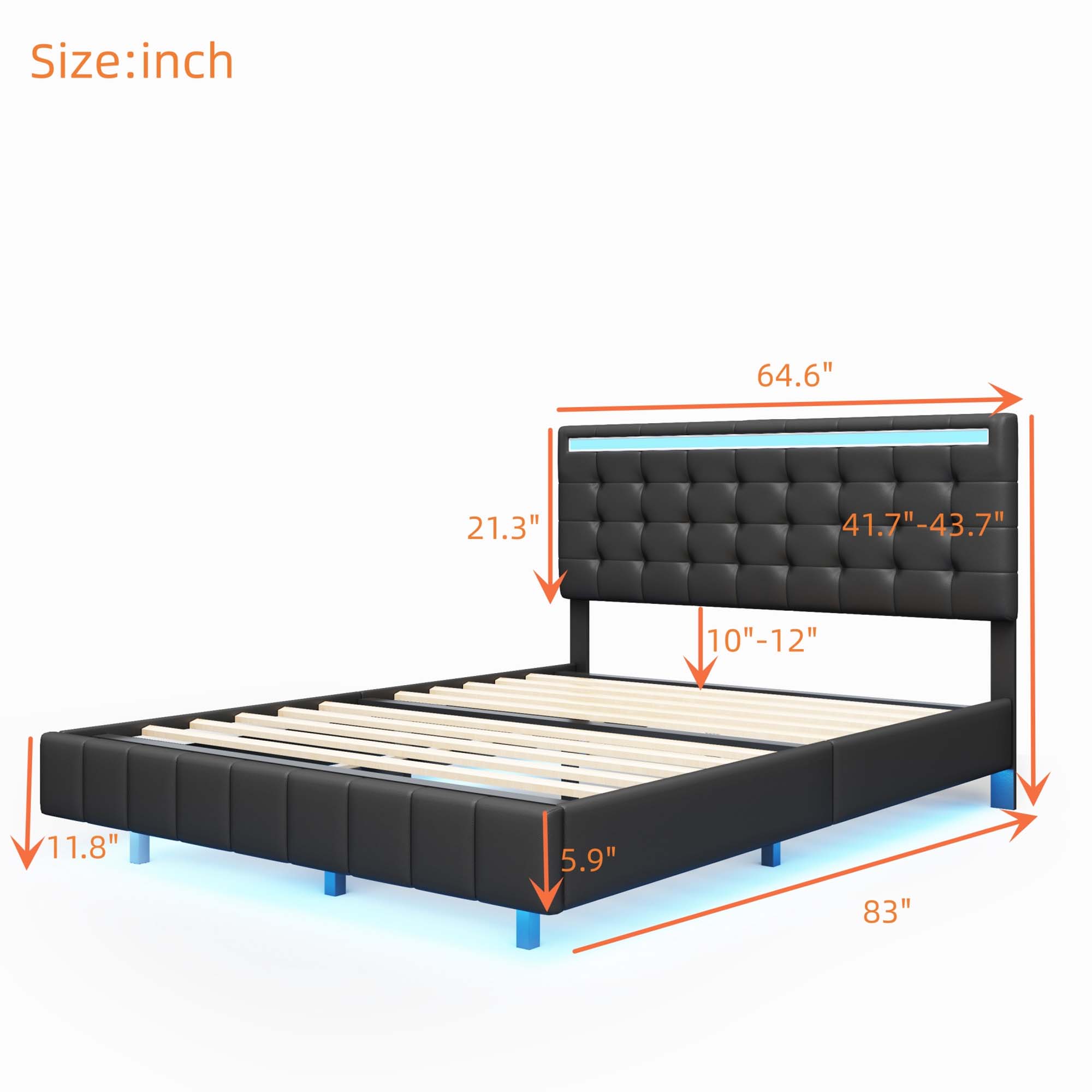 Aukfa Upholstered LED Bed, Queen Platform Bed with LED Lights and USB Ports - Black - Image 4