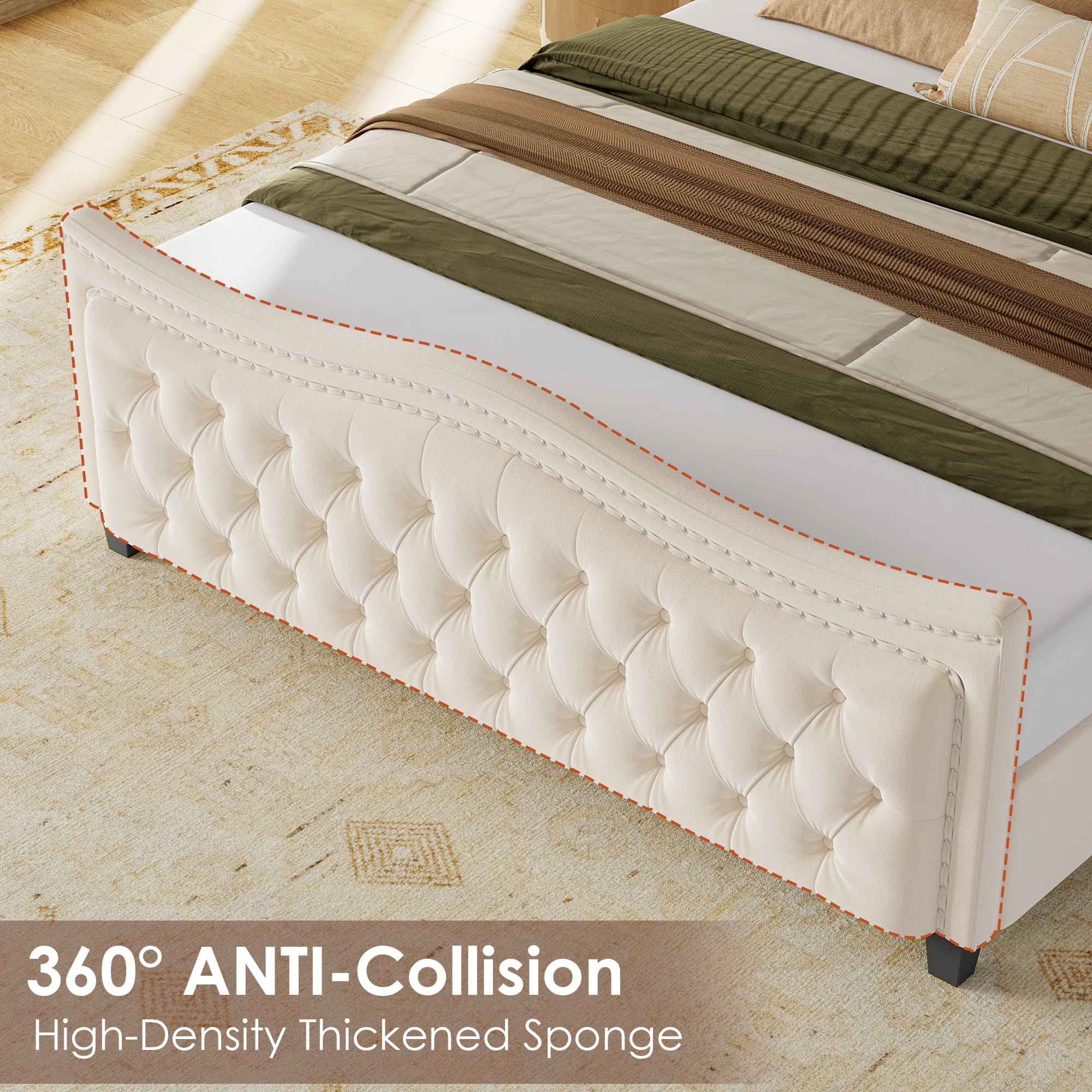 Homfa Queen Size Bed Frame, Modern Velvet Tufted Wingback Bed, Platform Bed with 55"H Upholstered Headboard, Off-White - Image 3