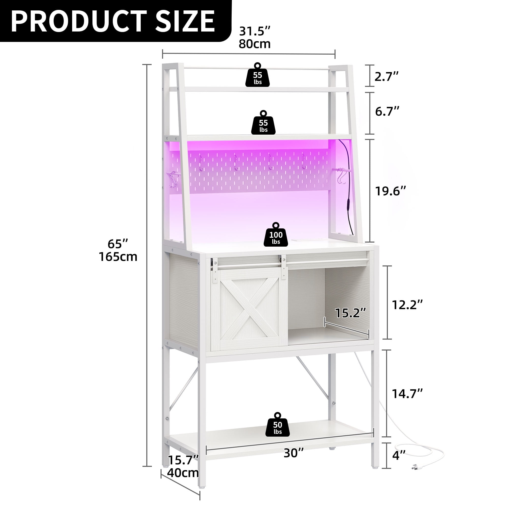 Dextrus Kitchen Baker's Rack with Power Outlet & LED Light, Microwave Stand with Door, White - Image 8