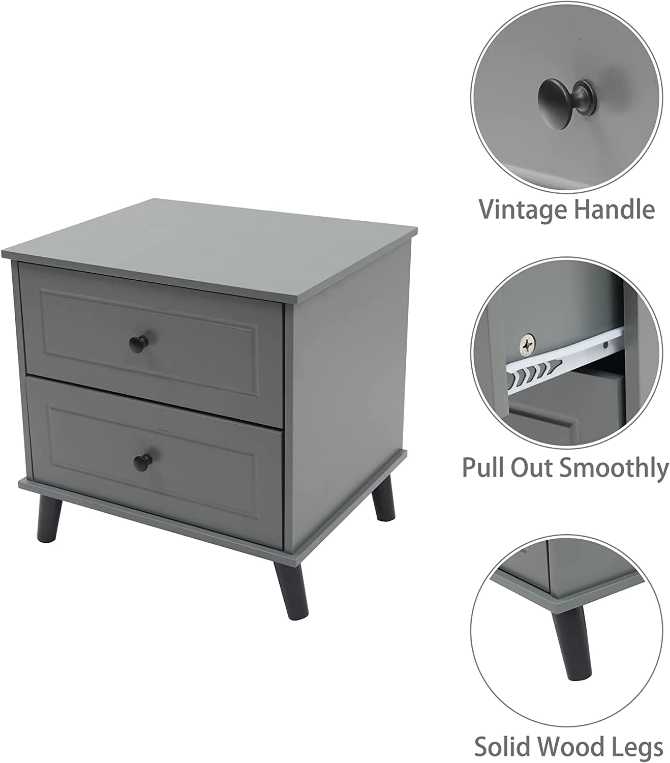 HOMEFORT Modern Wood Nightstand, Beside Table, Night Stands for Bedroom, Sofa End Table, Side Table, 2-Drawer Dresser Chest for Living Room, Gray - Image 3