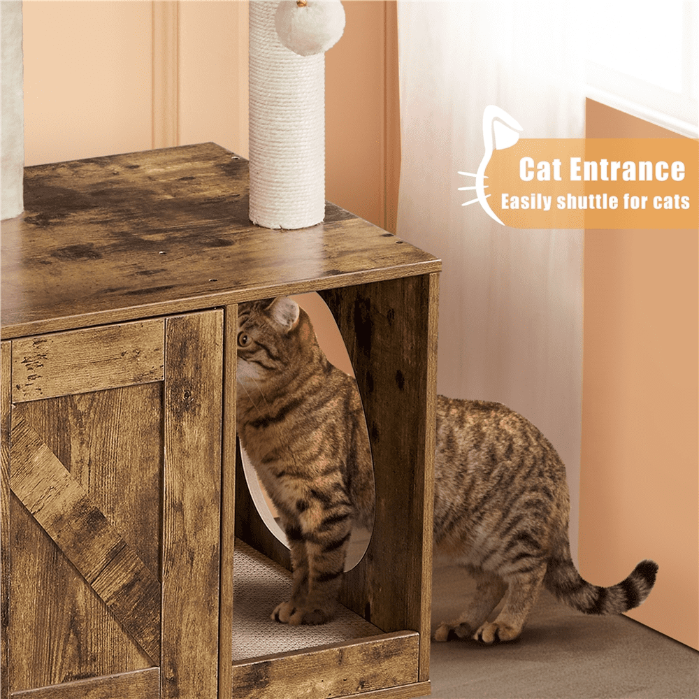 Renwick 53'' Wooden Litter Box Enclosure with Cat Tree Tower, Rustic Brown/Beige - Image 8