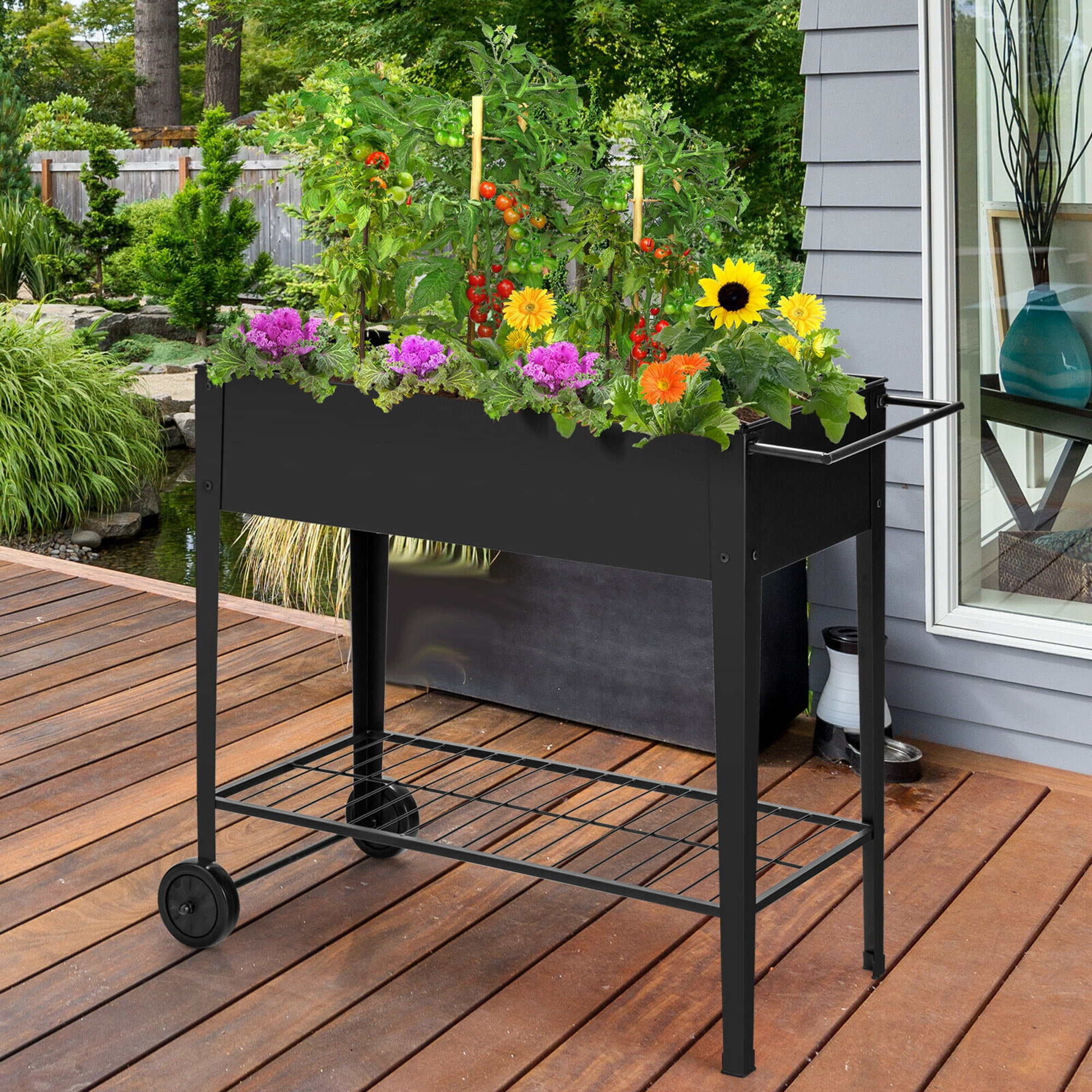 Gymax Raised Garden Bed Elevated Planter Box on Wheels Steel Planter w/Shelf - Image 4